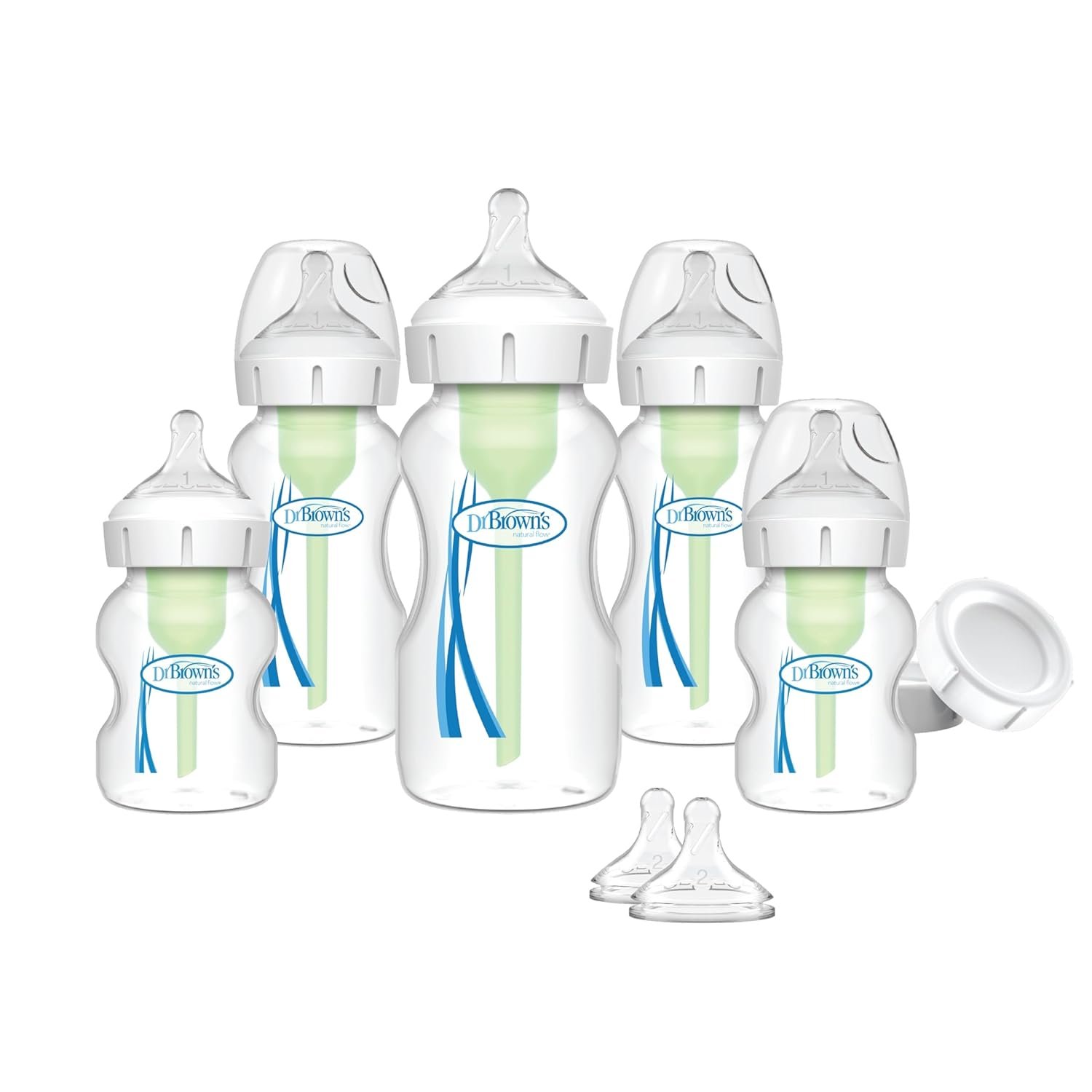 Dr. Brown’s Anti-Colic Options+ Wide-Neck Baby Bottle Feeding Set, 5 oz/9 oz, with Bottle Travel Caps (Packaging May Vary)