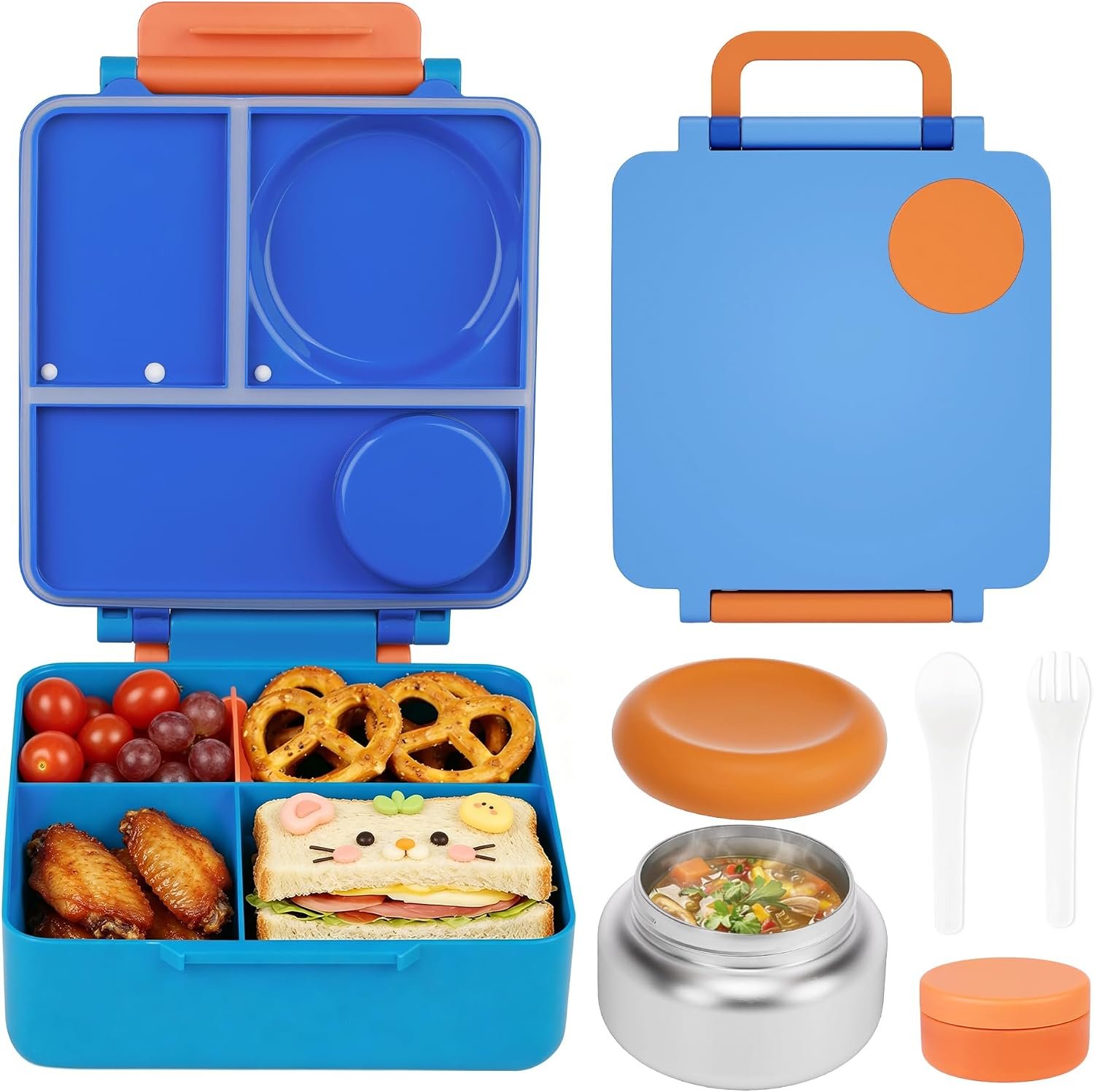 FOOYOO Bento Lunch Box Set for Kids & Adults, Leakproof 4-Compartment Container with Insulated Stainless Steel Food Jar, Utensils, BPA-Free, Microwave & Dishwasher Safe for School Work Travel（Blue）