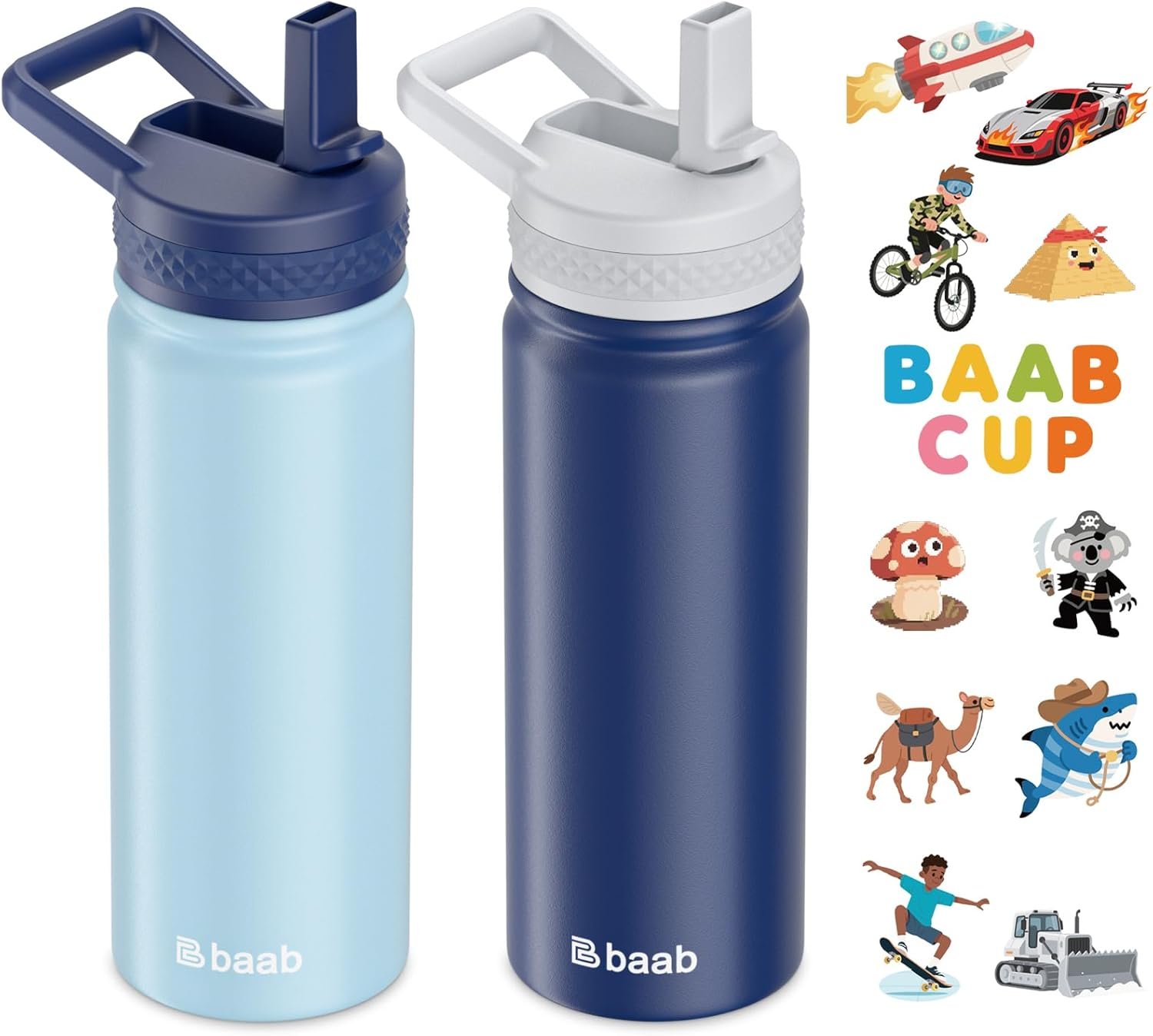 baab 18oz Kids Water Bottle, Insulated Water Bottle with Straw & Stickers, 18/8 Stainless Steel Vacuum Leakproof Kids Water Straw Cup for School, Gift for Boy Girl (Navy Blue+Light Blue, 2 Pack)