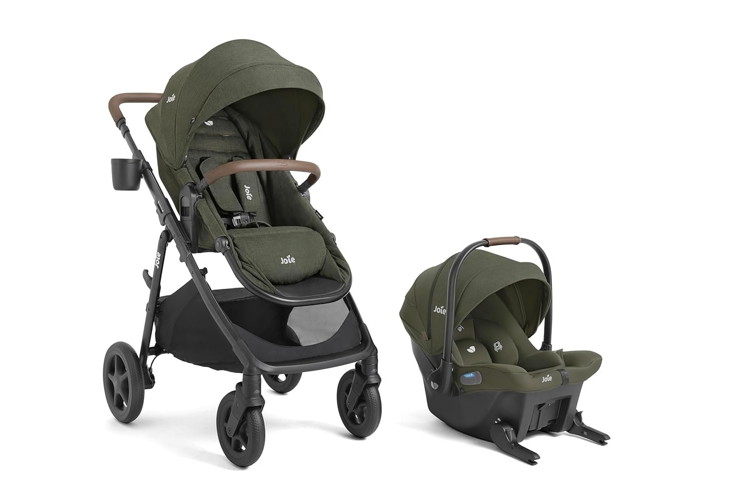Joie Ginger and Mint Latch Travel System – 4-in-1 Travel System with Base-Free Infant Car Seat & Stroller, Built-in Latch for Easy Install and an Included All-Terrain Stroller (Forest)
