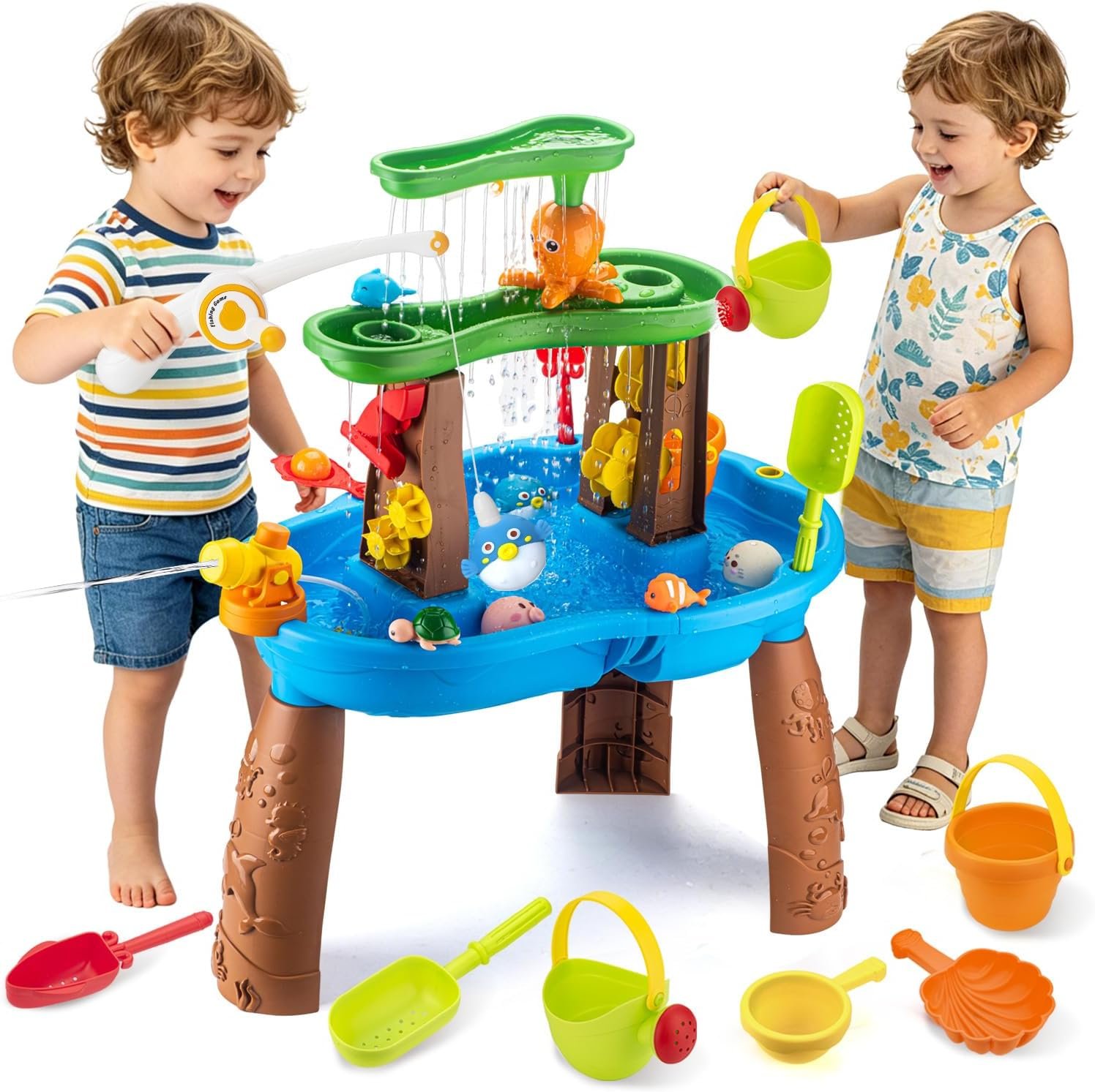 VROGTIK Water Table for Toddlers 3-5, Kids Sand Water Table with Fishing Game Set, Sensory Play Table Toys for Outdoor Pool Beach Backyard Summer Birthday Gift for Boys Outside Toys for Toddler