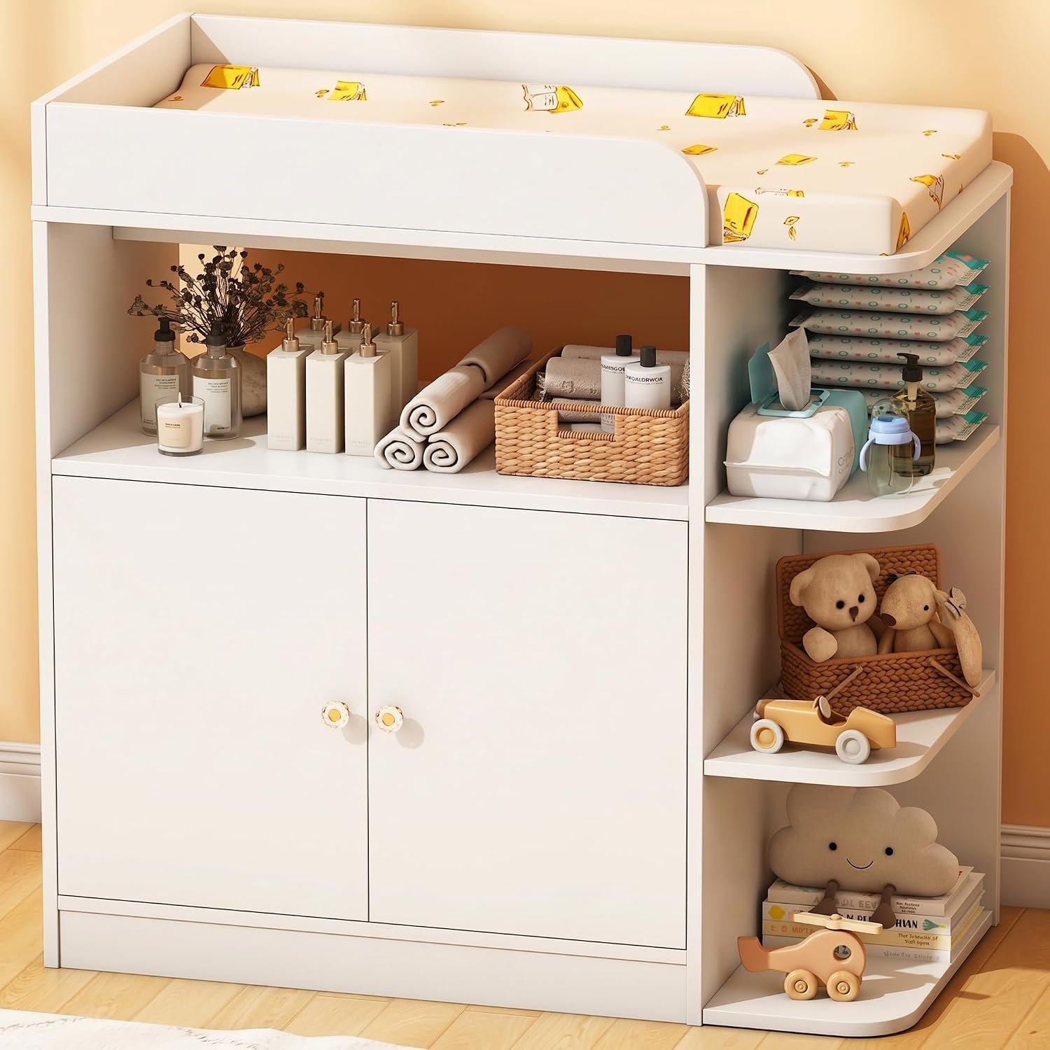 Wanan Changing Table, Baby Dresser with Changing Table Top, Changing Table Dresser with Large Cabinet and 4 Open Shelves, Diaper Changing Station with Crystal Knobs for Nursery (No Pad)