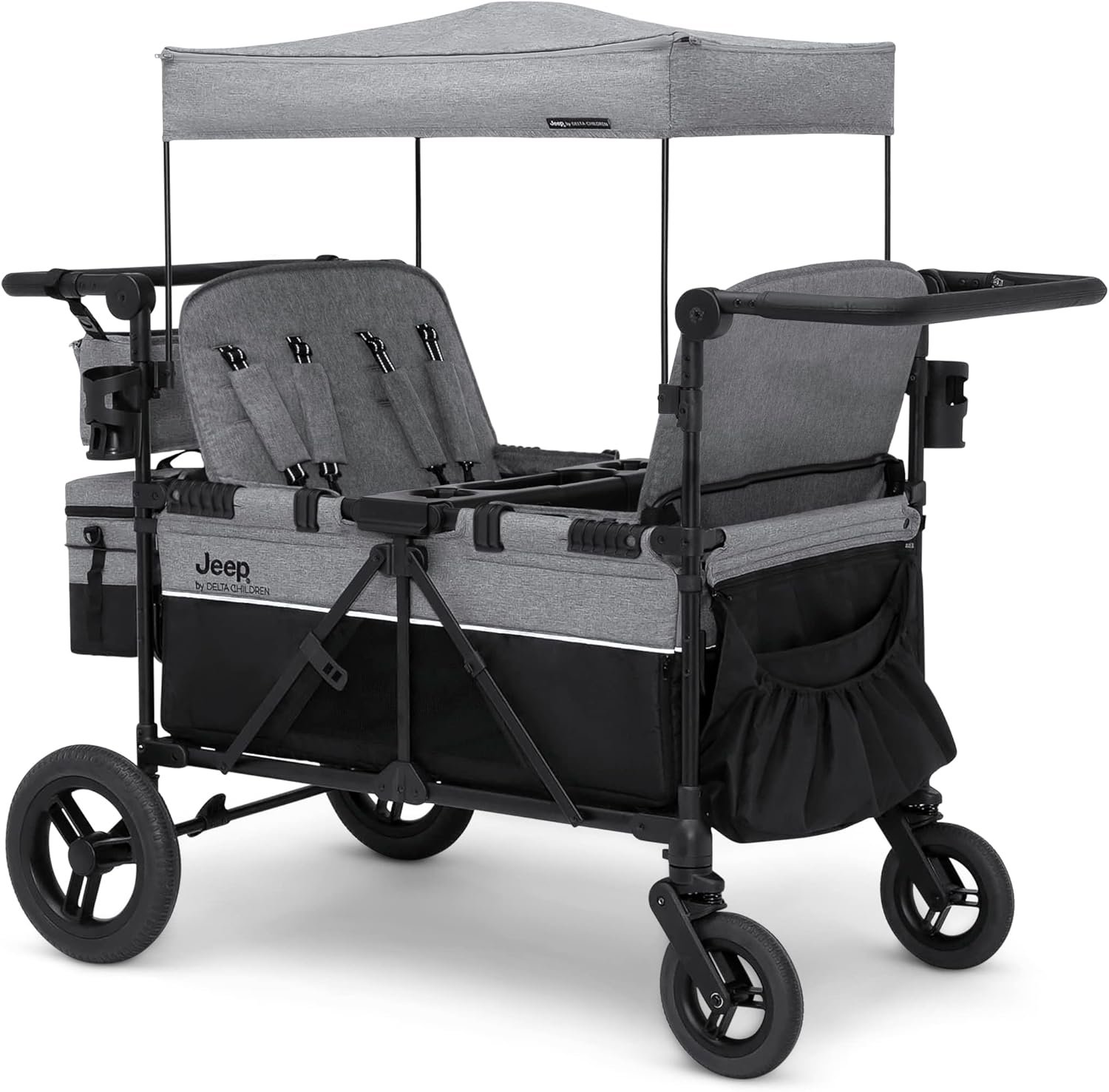Jeep Wrangler Deluxe 4 Seater Stroller Wagon by Delta Children – Premium Quad Stroller Wagon for 4 Kids with Convertible Seats, Adjustable Push/Pull Handles, Removable Canopy & Flat Fold, Grey