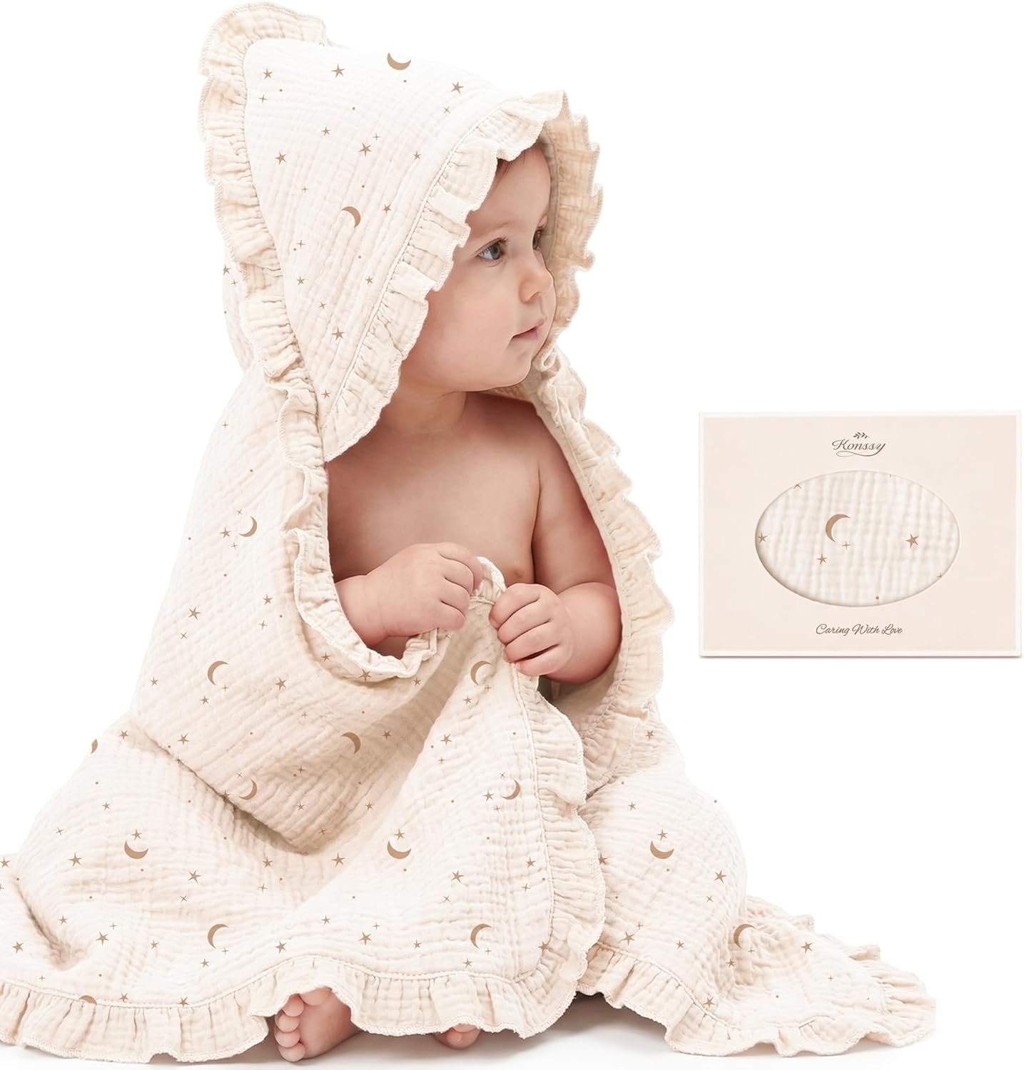 Konssy 100% Muslin Cotton Baby Hooded Towel, Soft Absorbent Bath Towel for Newborns, Infants and Toddlers, Baby Gift and Newborn Essentials with Lace Ruffle Hood