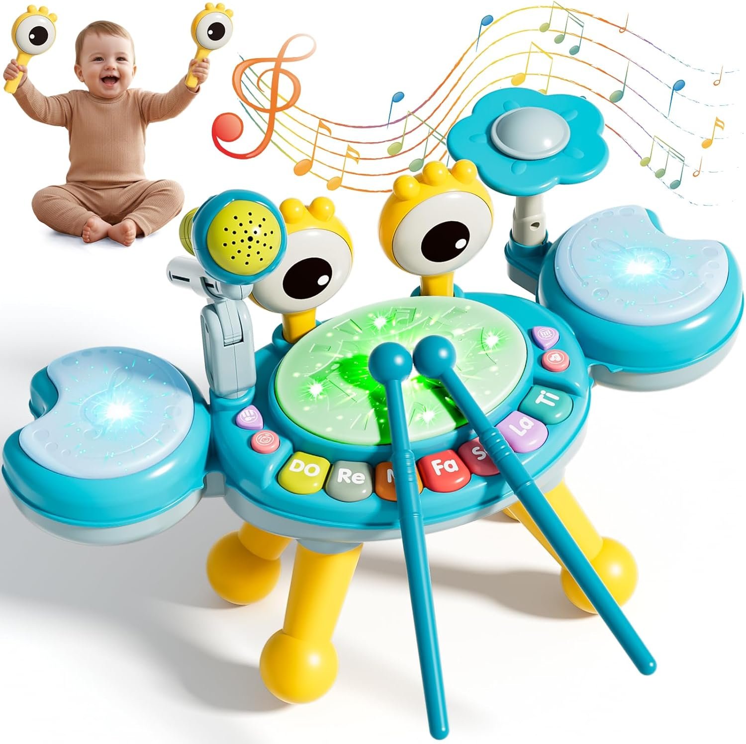 Toddler Drum Set for Kids 1-3, Baby Drum Set 1 Year Old with Light-Up Microphone, Musical Instruments Montessori Learning Toys for 6 9 12 18 Months, Birthday Gift for Boys Girls (BLUE)