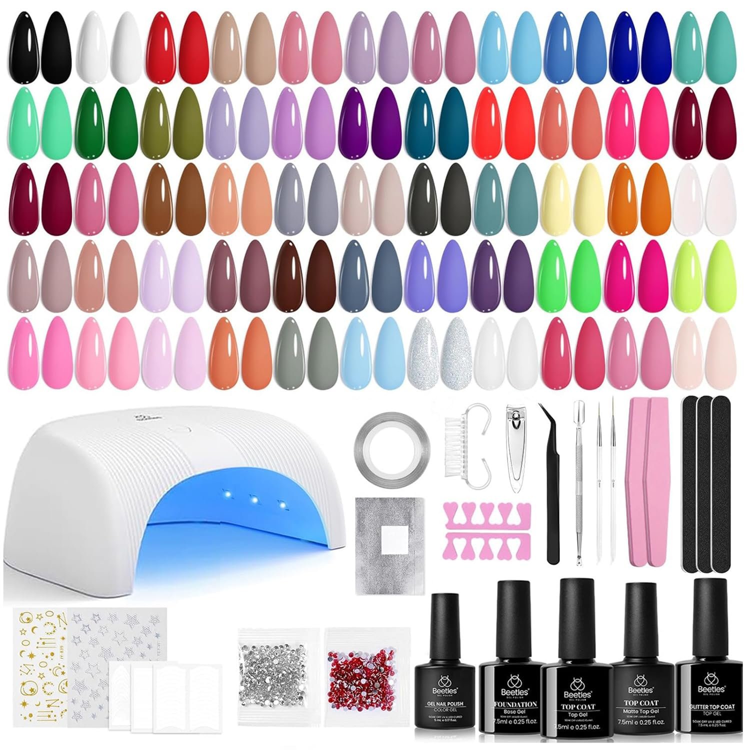 Beetles Gel Nail Polish Kit with U V Light – 80Pcs Color Enchantment 55 Colors Gel Nail Kit with Everything Base Top Coat Beginner Starter at Home Nails Kit Manicure DIY Salon Tools Gifts for Women
