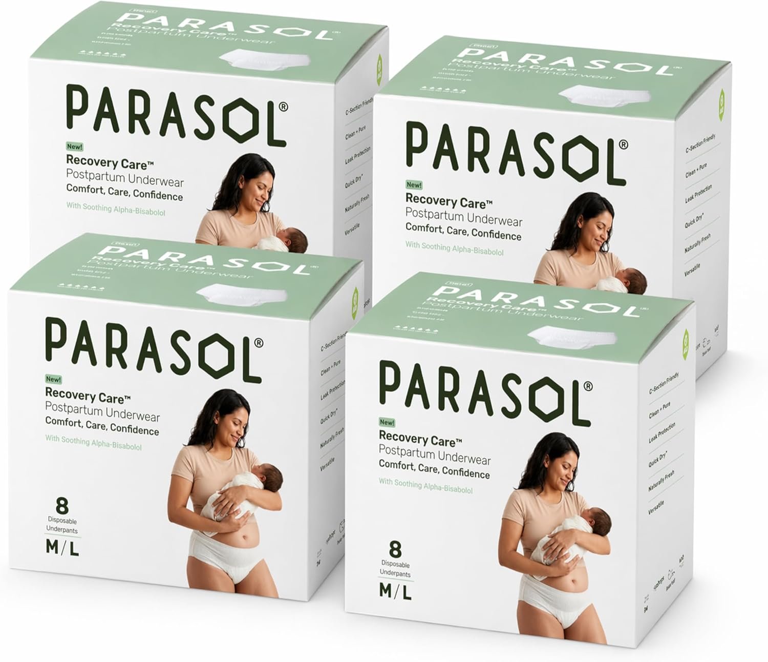 Parasol Recovery Care Postpartum and Period Underwear, Size M/L, 32 Ct, Fast-Dry Core, Friendly High-Waist, Leak-Proof, Disposable, BPA and Fragrance-Free, Up to 8 Pads of Absorbency