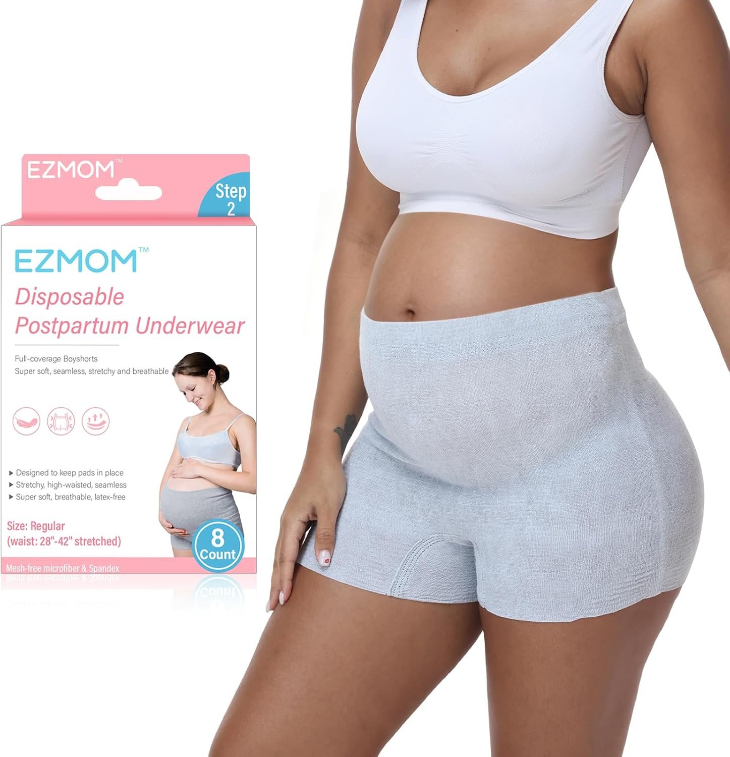 Postpartum Underwear, 8 Pcs Disposable Postpartum Essentials, High Waisted Stretch Maternity Boyshort Panties, Breathable After Birth Recovery, Hospital Bag Essential, Waist 28″-42″, Grey
