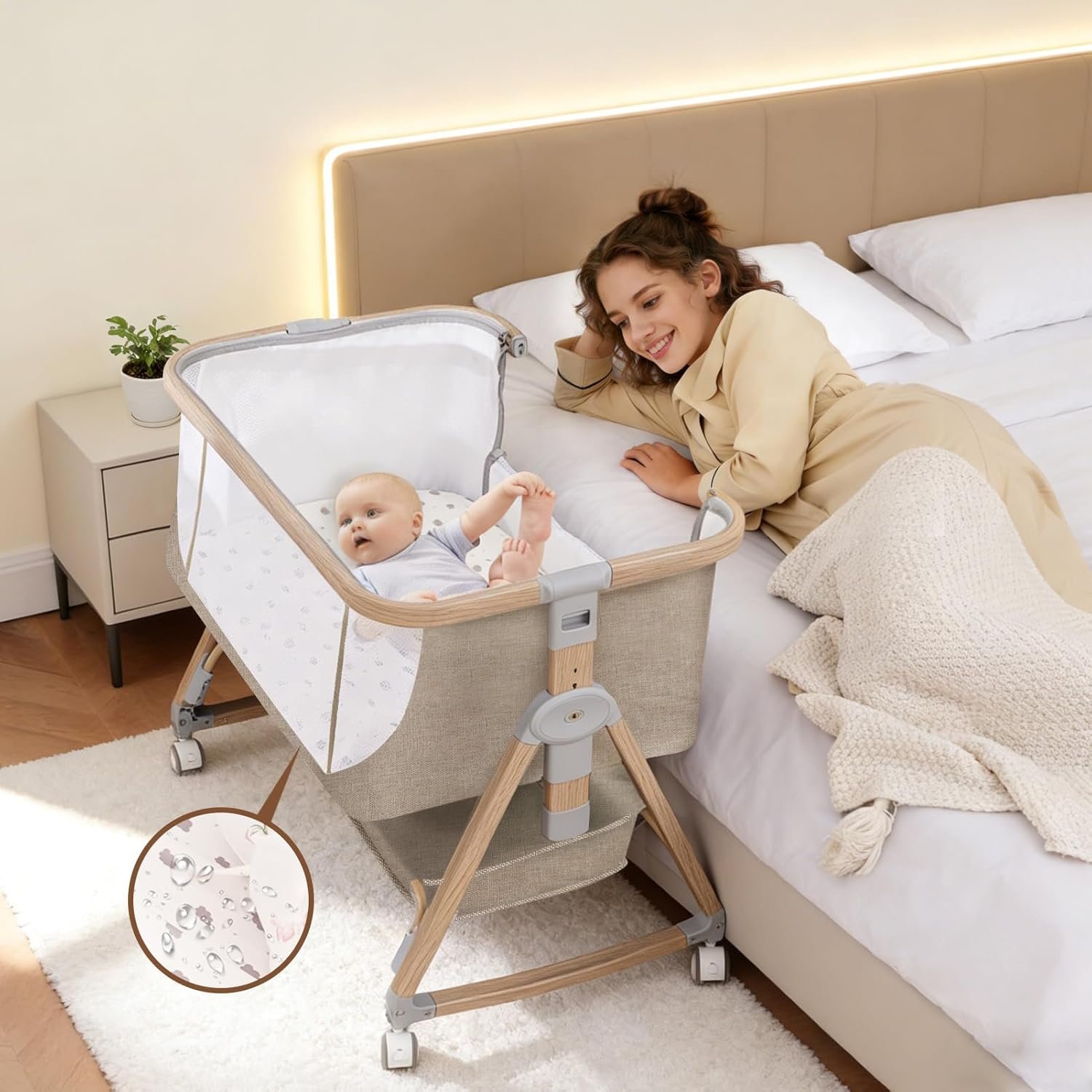 Baby Bassinet Bedside Sleeper with Waterproof Bassinet Crib Sheet and Soft Mattress, 6 Adjustable Height Bedside Bassinets with Wheels, Khaki
