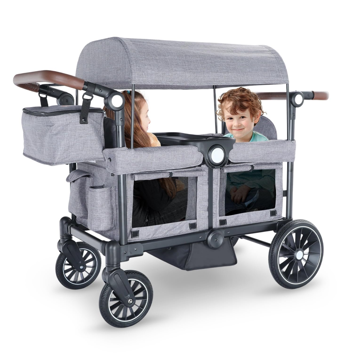 Kinder King Folding Wagon Stroller for 2 Kids, All-Terrain 2 Seater Stroller Wagon Outdoor, Removable Canopy, Adjustable Handle, Shock-Absorbing Wheel, Detachable Tray, Parent Organizer, Gray