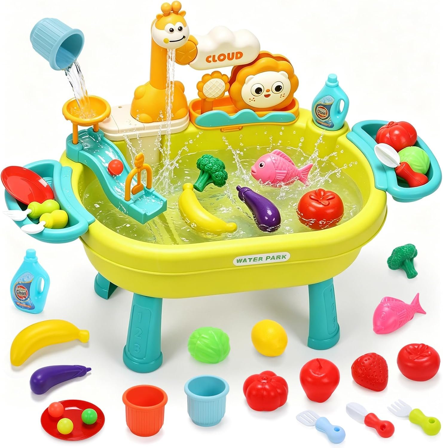 CUTE STONE Water Table, Play Sink with Running Water, Upgraded Electric Pump Kitchen Sink Toy with Play Food & Tableware Accessories, Summer Outdoor Sensory Play Water Toy for Toddlers & Kids