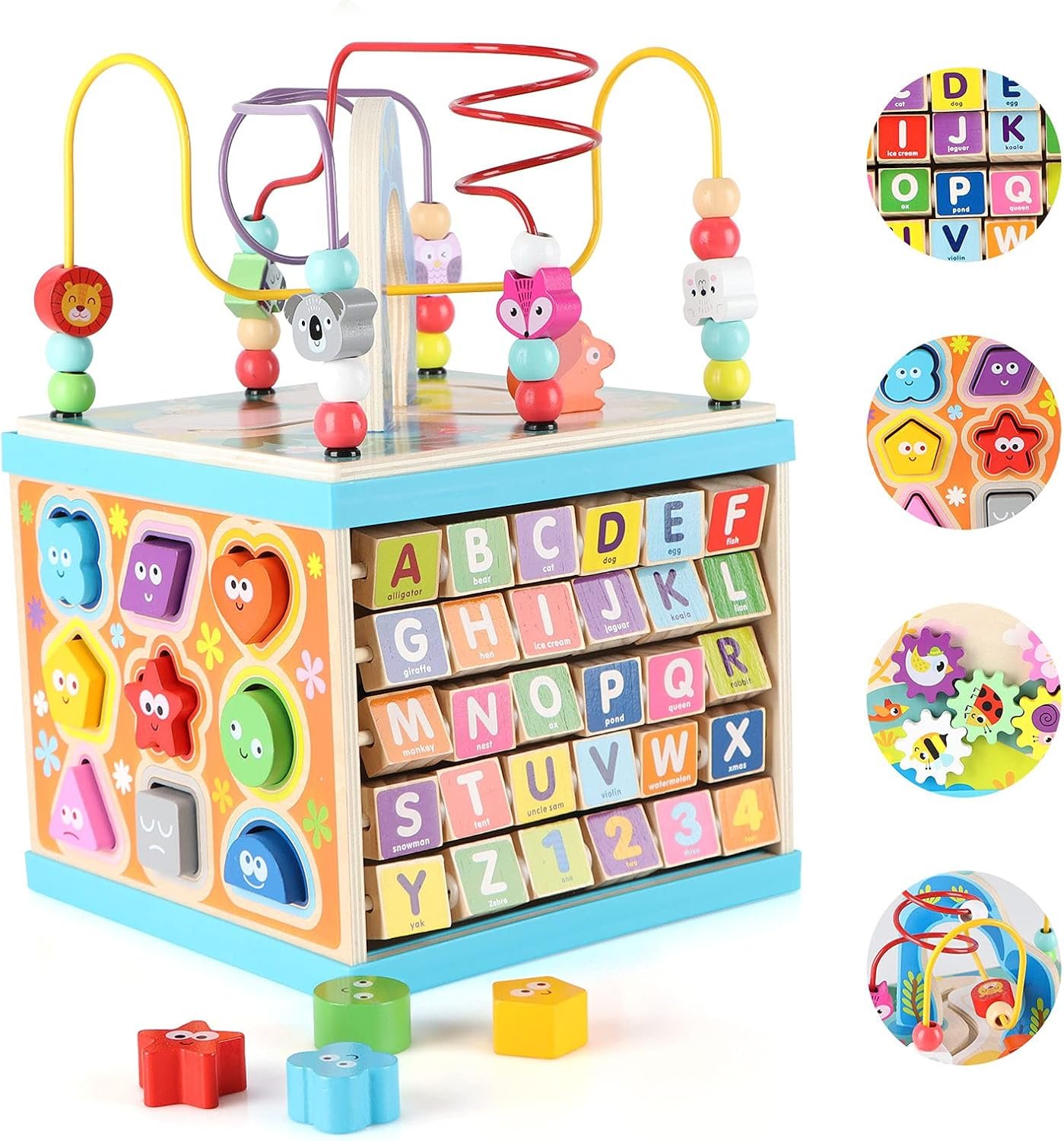 Qilay 5-in-1 Wooden Activity Cube for Toddlers 1-3(Large),Multipurpose Toddler Activity Center with Bead Maze & Shape Sorter, Early Educational Toy First Birthday Present for Boys Girls
