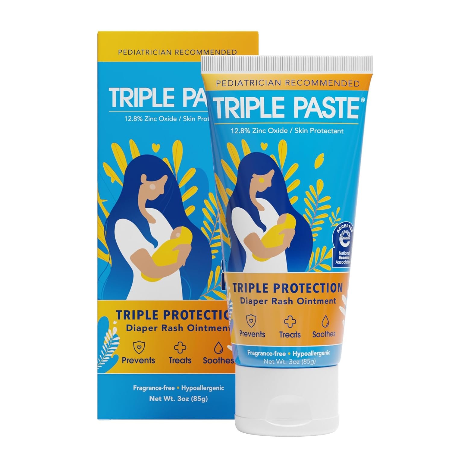 Triple Paste Diaper Rash Cream for Baby – 3 oz Tube – Zinc Oxide Ointment Treats, Soothes & Prevents Diaper Rash, Pediatrician-Recommended Hypoallergenic Formula, Baby Essentials for Daily & Overnight