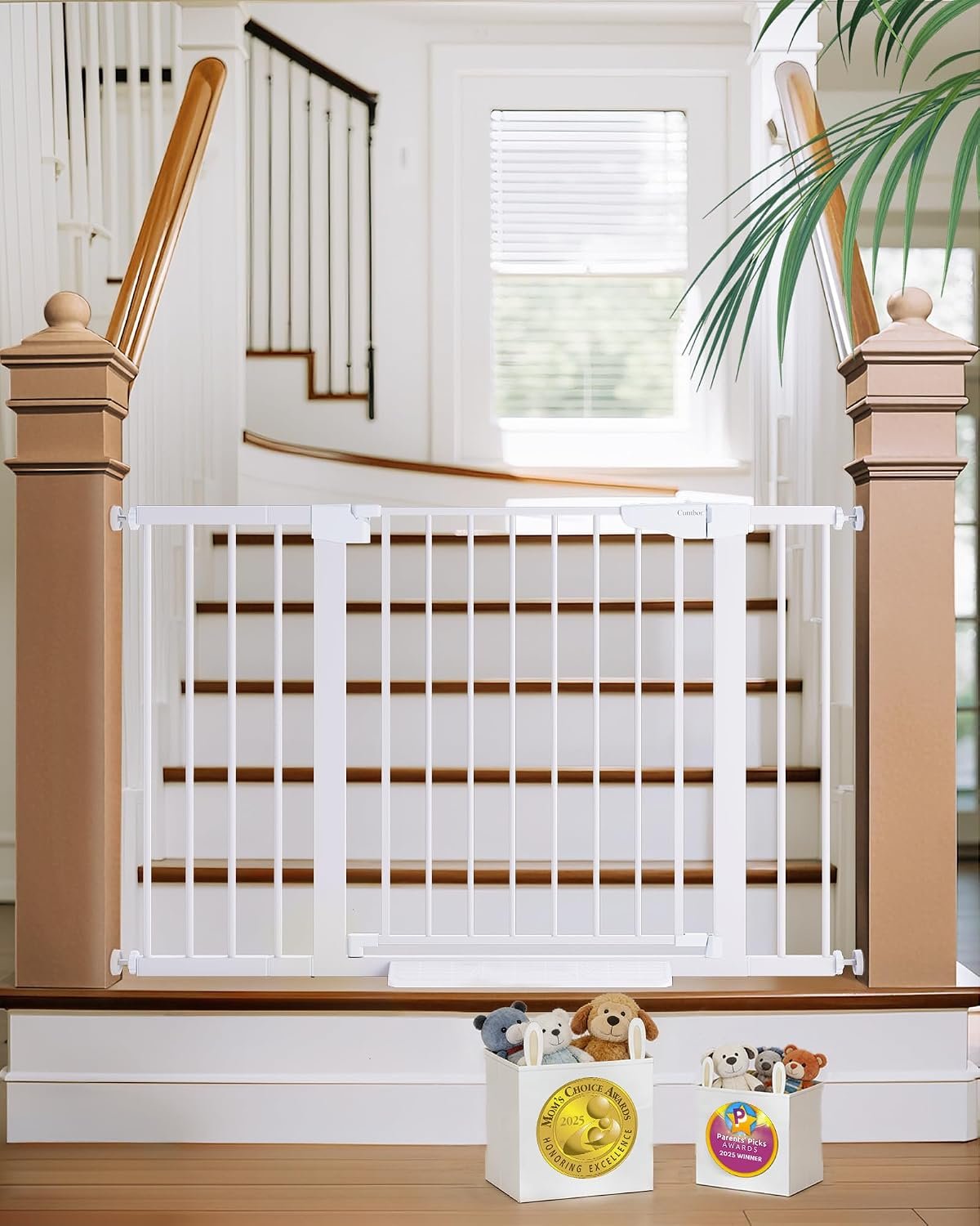 Cumbor 29.7-48″ Baby Gate for Stairs, Mom’s Choice Awards Winner-Dog Gates for Doorways, Auto Close Safety Pet Gate for Dogs Indoor, Easy Install Pressure Mounted Child Gate with Walk Thru Door, White