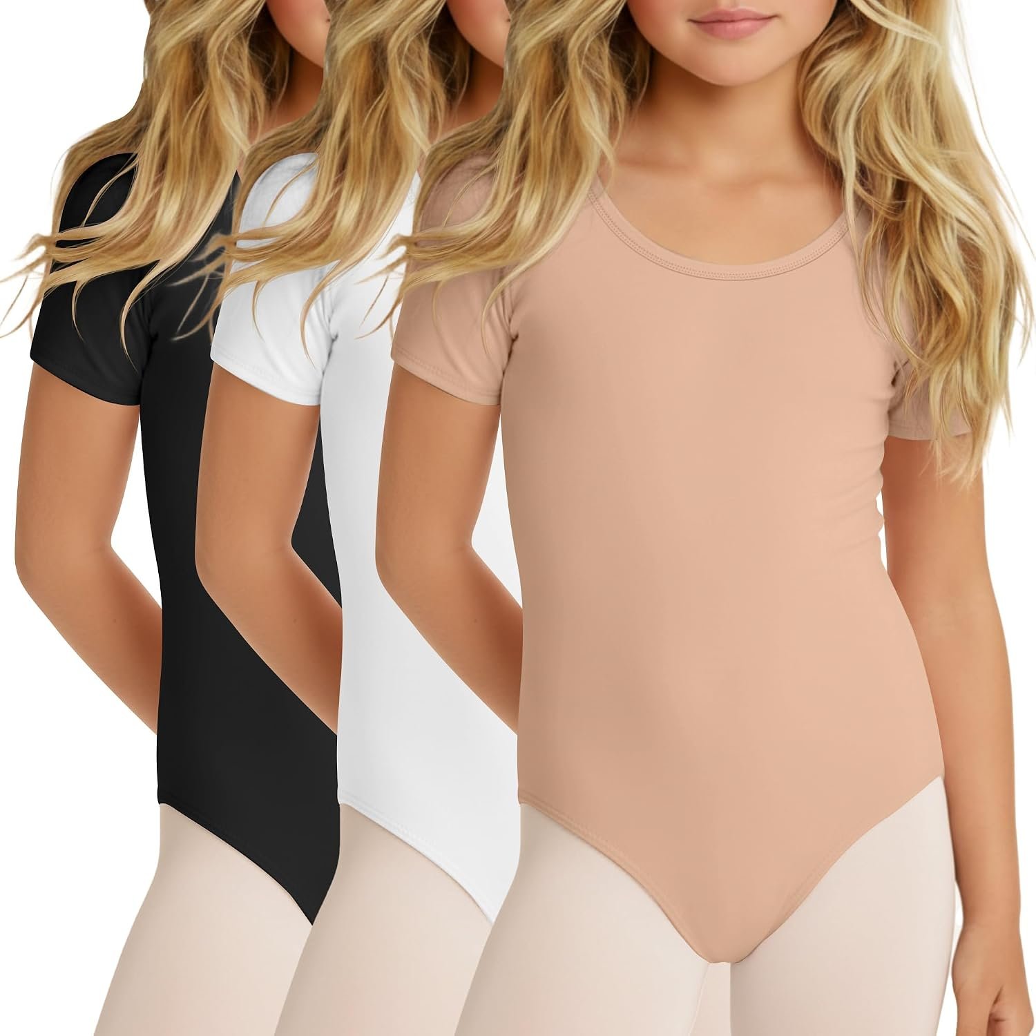 3 Pack Girls Leotards Toddler Cotton Short Sleeve Dance Ballet Tight Gymnastics Teen Round Neck Solid Bodysuit