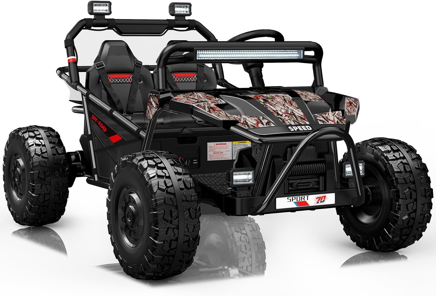 First Ride On 36V Kids Ride On UTV, 2-Seater 400W Electric Car for Kids 6+, 5-8 MPH Speed, 14″ EVA Wheels, Metal Frame, Bluetooth Music, Rear Metal Suspension Off-Road Vehicle (Black Camo)