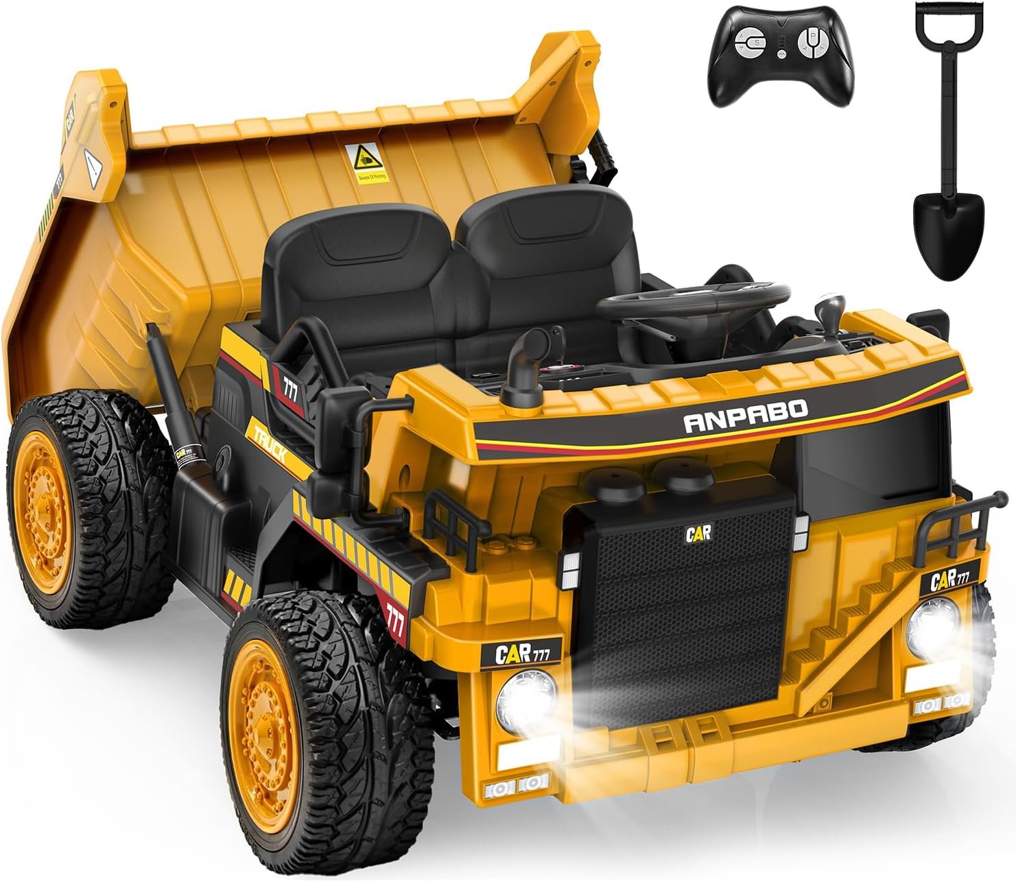 ANPABO 24V Ride On Dump Truck, 2X75W Powerful Motors, Up to 4.4Mph, EVA Tires, Construction Vehicle w/Electric Dump Bed and Extra Shovel, 19″ Spacious 2 Seater, Kids Car w/Parent Remote -Yellow