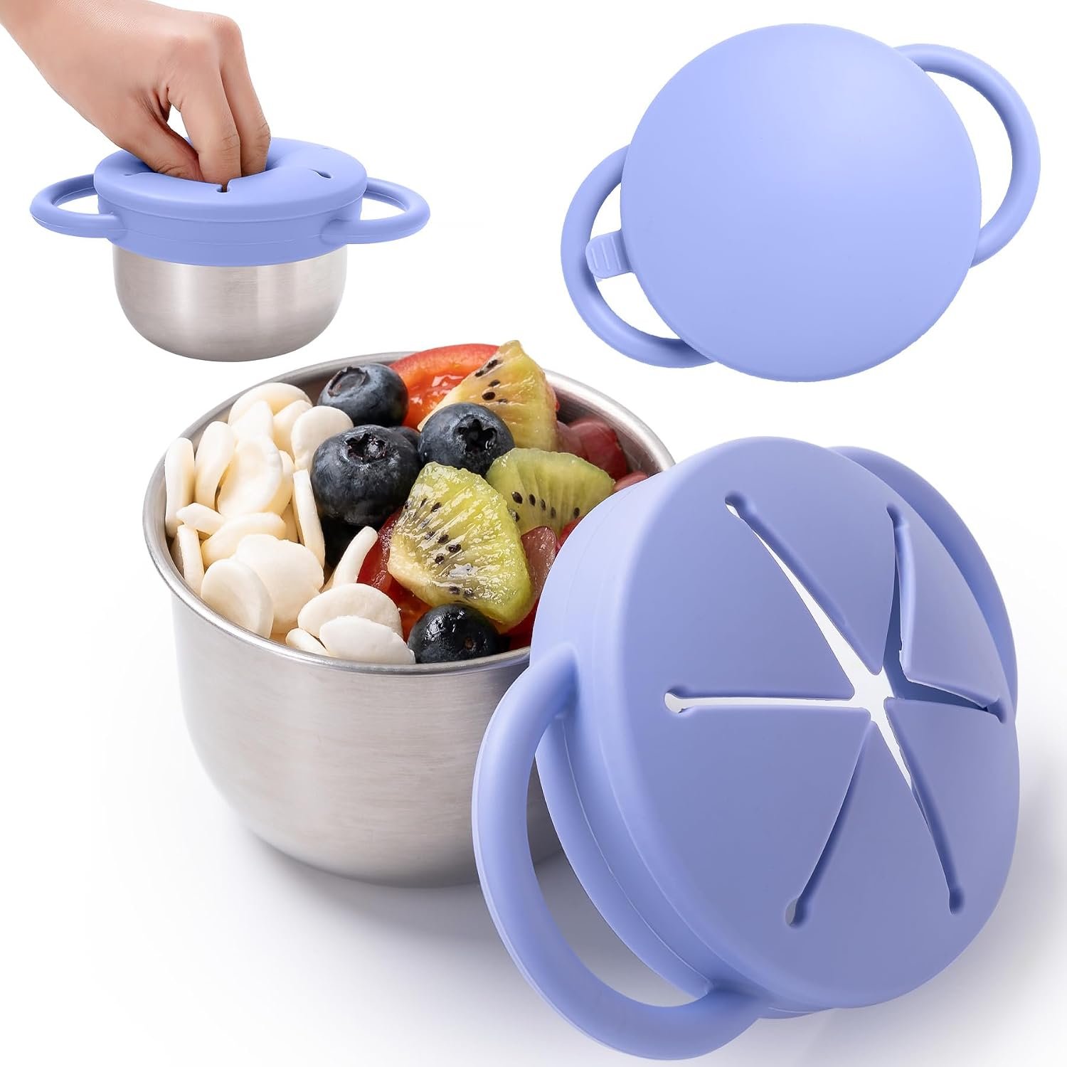 Bufilea 1 Pack Snack Containers for Toddlers, Stainless Steel Toddler Snack Cups with Silicone Food Catcher & Lids,Snack Cups for toddlers Spill Proof