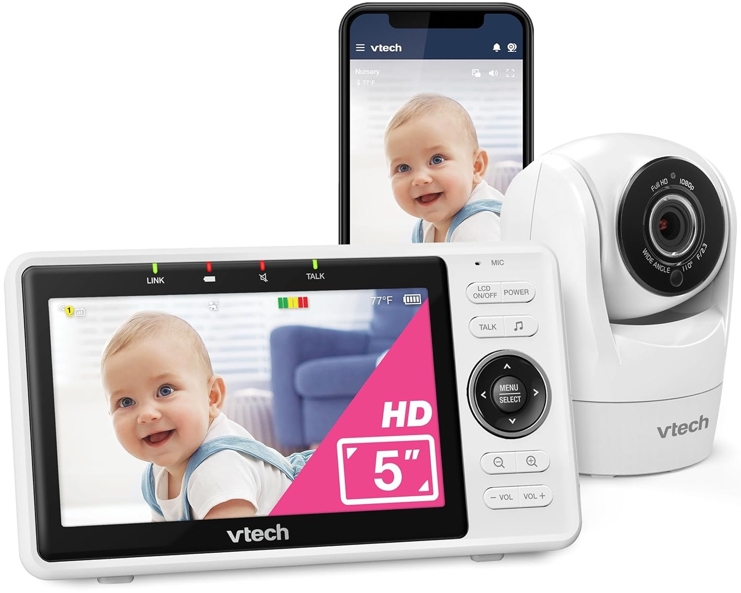 VTech Smart WiFi Baby Monitor – See Your Baby at Home or from Anywhere, Free App, 1080p Camera, 5″ Screen, Pan-Tilt-Zoom, Night Vision, Two-Way Talk | VM901