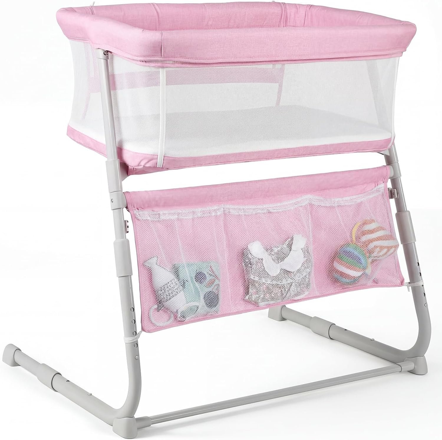 Cowiewie Bassinet Bedside Sleeper,Baby Bassinet Slides Over Bed,5-Position Height Adjustment & Breathable All-Mesh Wall Bedside Bassinet for Baby,Space-Saving Bedside Crib, Height(37.4-41.3″) (Pink)