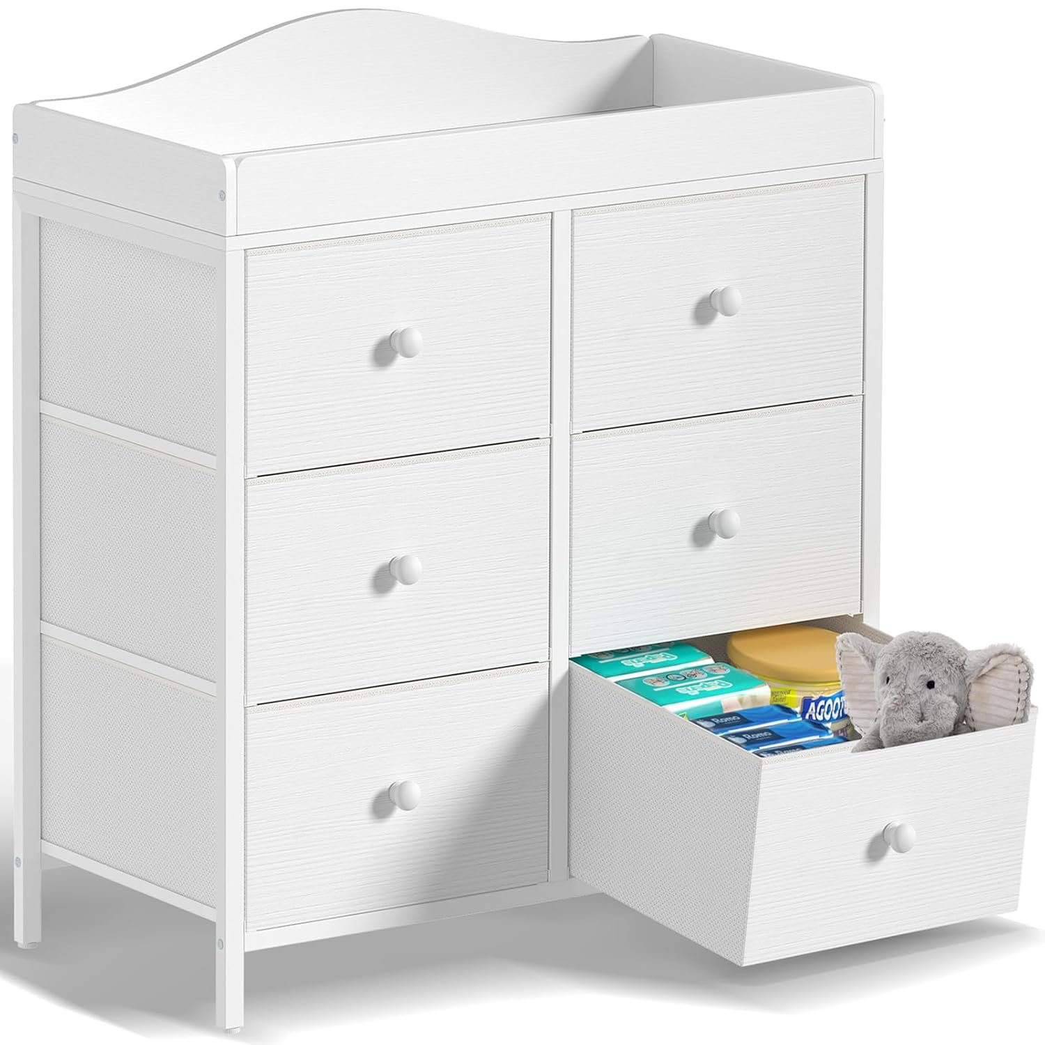 BOLUO White Changing Table Dresser with 6 Drawers Baby Dresser with Changing Table Top Diaper Changing Station with Storage for Nursery Modern