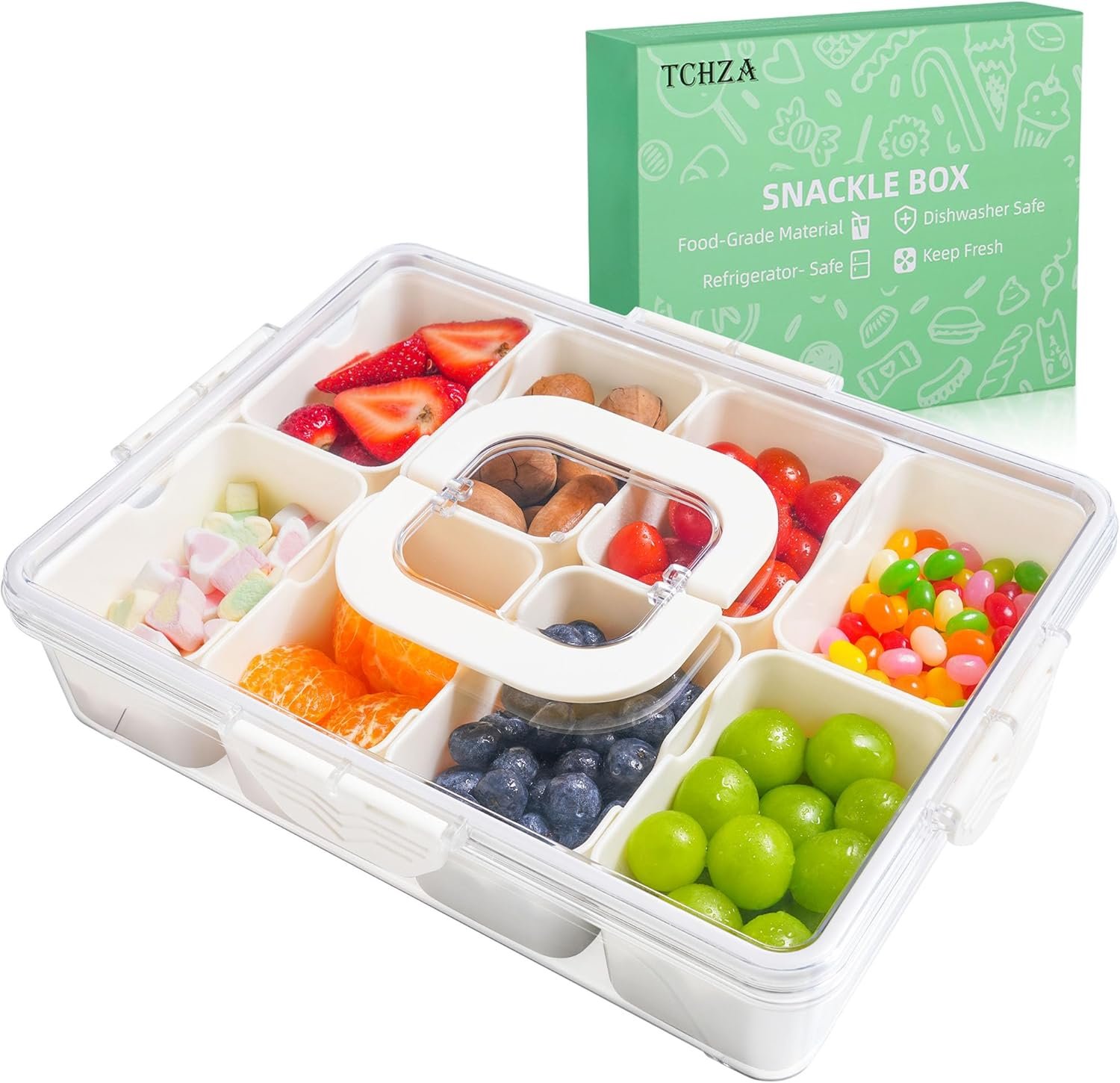 TCHZA Snackle Box Container, Dishwasher Safety – Divided Serving Tray with Lid and Handle, Charcuterie Board for Portable Snack Platters – Clear Organizer for Fruits Snacks,Perfect for Road Travel