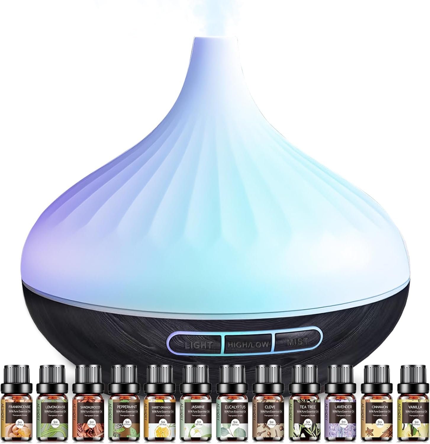 Aromatherapy Diffuser & 12 Essential Oils Set, 500 ML Ultrasonic Diffuser for Home, Cool Mist Humidifier with 14 Colour Changes, Timer and Auto-Off Function