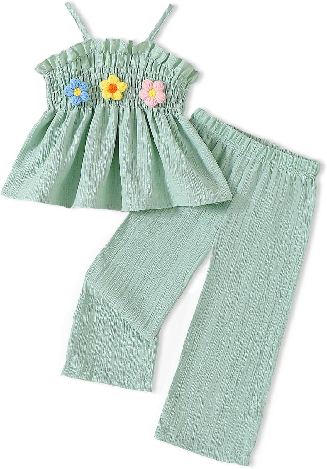 Doresbebe Toddler Baby Girl Clothes Sleeveless Summer Outfit Smocked Strap Camisole Linen Pants Prety Spring Clothing Set
