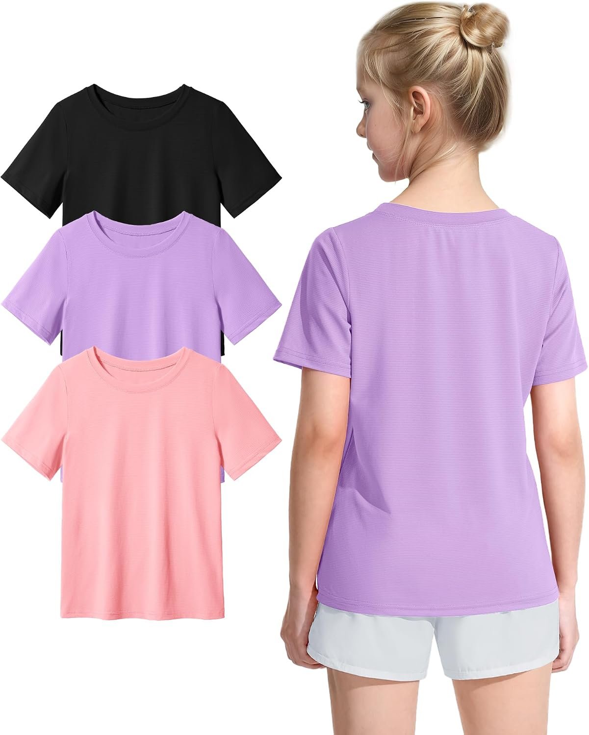 KEREDA Girls Athletic Shirts Quick Dry Short Sleeve Crew Neck T Shirts, Summer UPF 50+ Tee Tops for Teen Girls 3 Pack