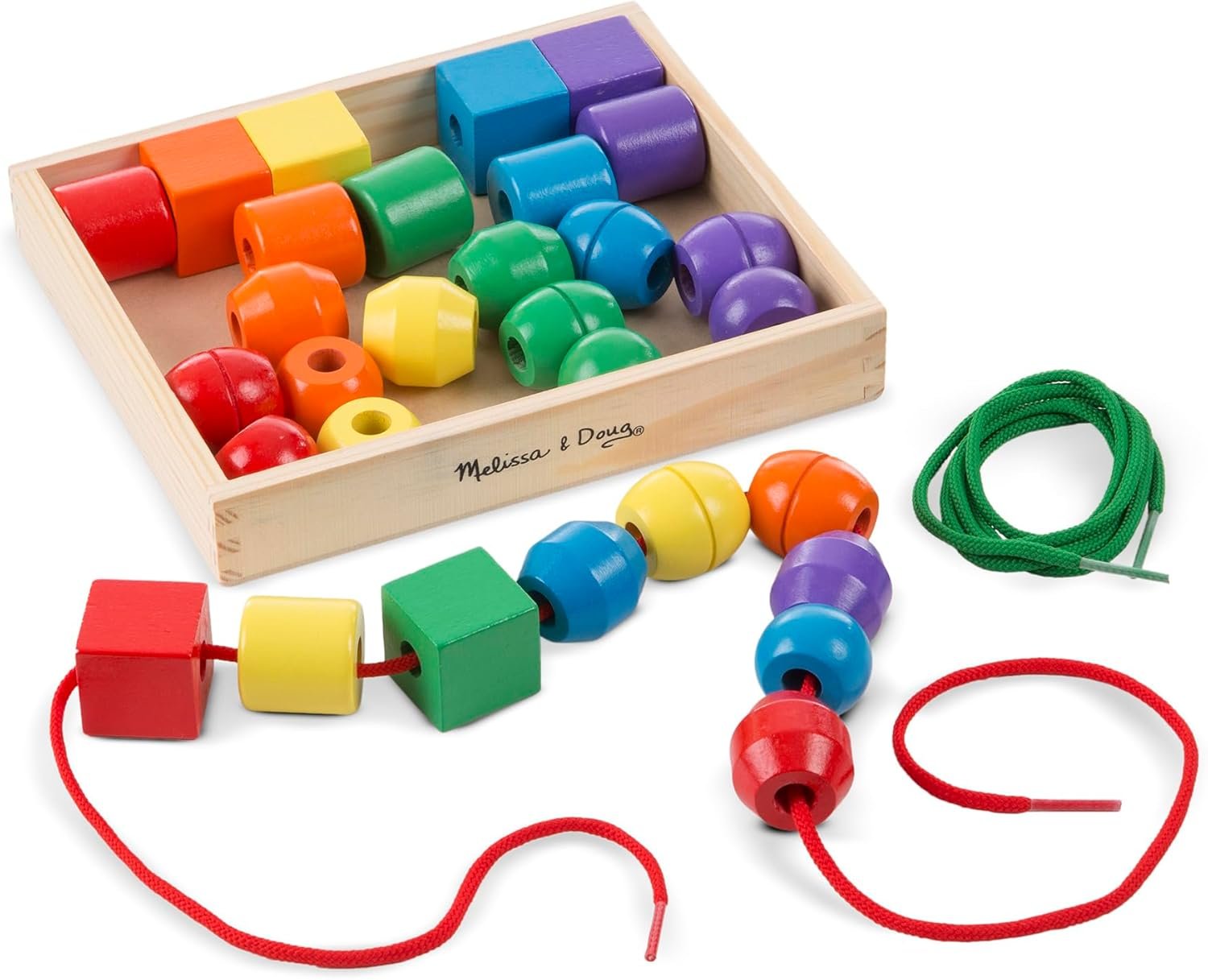 Melissa & Doug Primary Lacing Beads – Educational Toy with 30 Wooden Beads and 2 Laces for Toddlers, Fine Motor Skills Lacing Toys for Toddlers and Kids Ages 3+