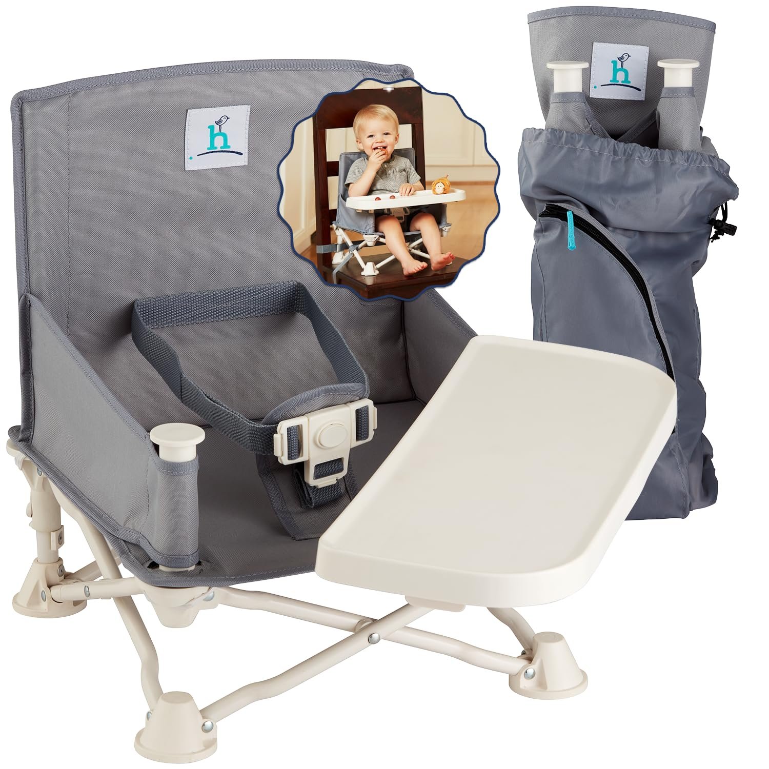 Hiccapop OmniBoost Travel Booster Seat with Tray for Baby, Dining Table, Camping, Beach, Grandma’s | Folding Portable Tip-Free Design Straps to Kitchen Chairs