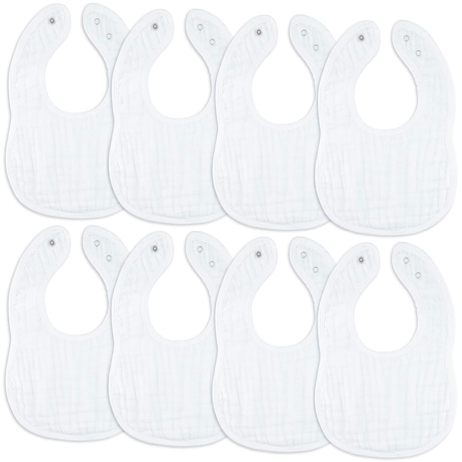 Comfy Cubs Muslin Bibs for Babies, Pack of 8 – Soft and Highly Absorbent, Feeding, Drool and Teething Bib, Adjustable Snaps – Stylish & Colorful Unisex Designs, Giftable Set – White