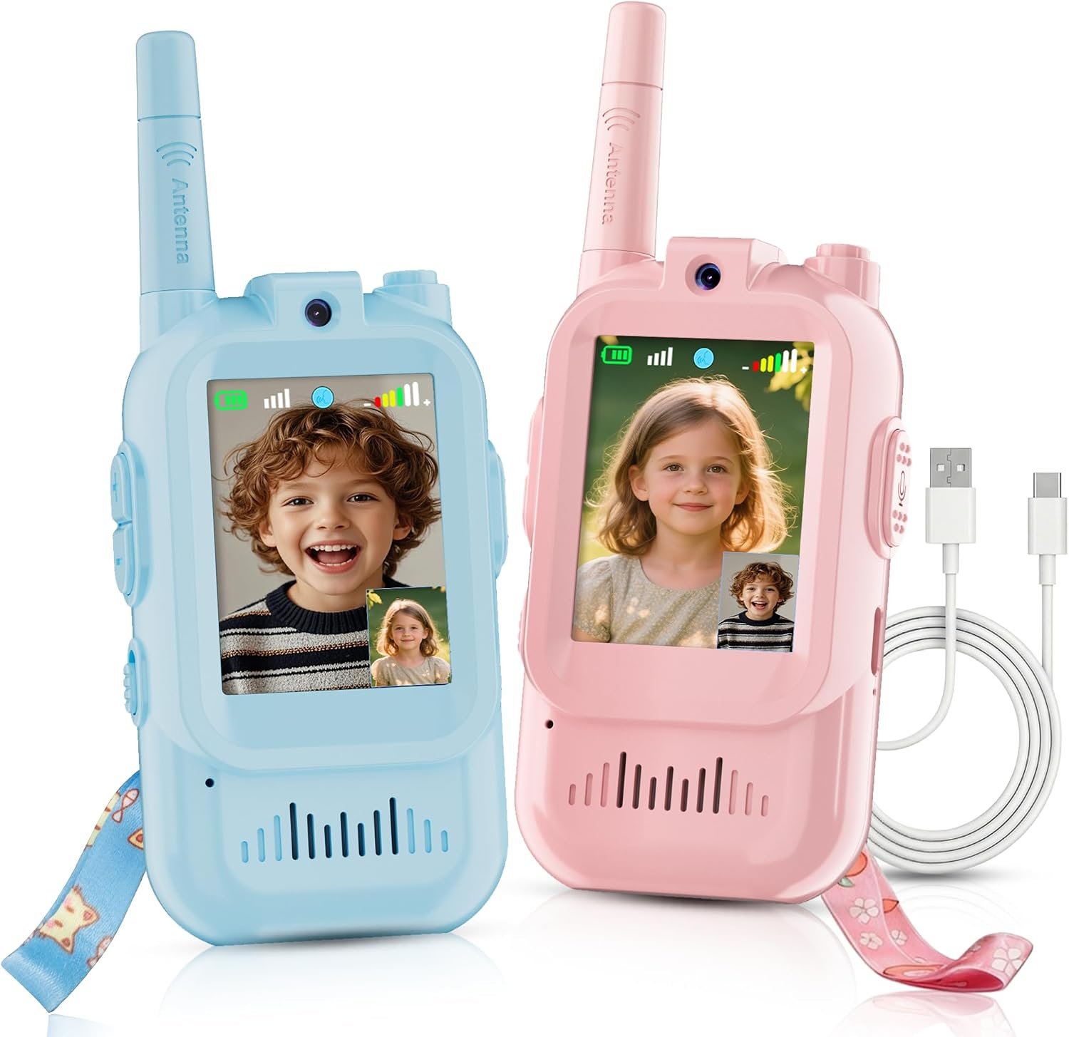 Walkie Talkie for Kids with Video: 2 Pack Rechargeable Toddler Toys with HD Camera & Voice Changer, Long Range Gift Toys for Boy & Girl Age 3-8 for Outdoor Play, Camping (Pink-Blue)