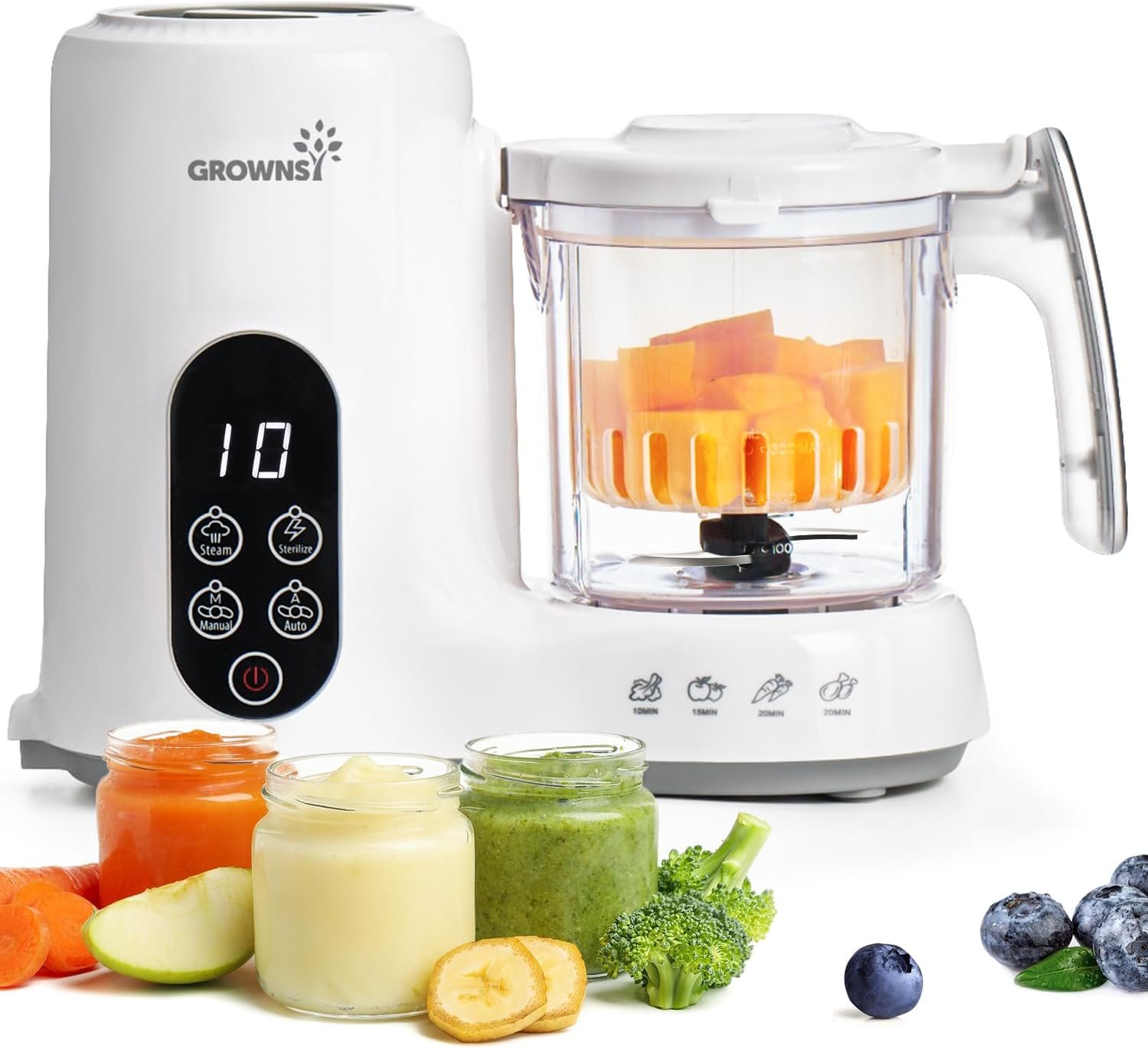 Grownsy Baby Food Maker with Steam Basket, One Step Baby Food Processor Steamer Puree Blender Grinder Mills Machine, Auto Cooking Grinding and Sterili-zing for Healthy Homemade Baby Food, White