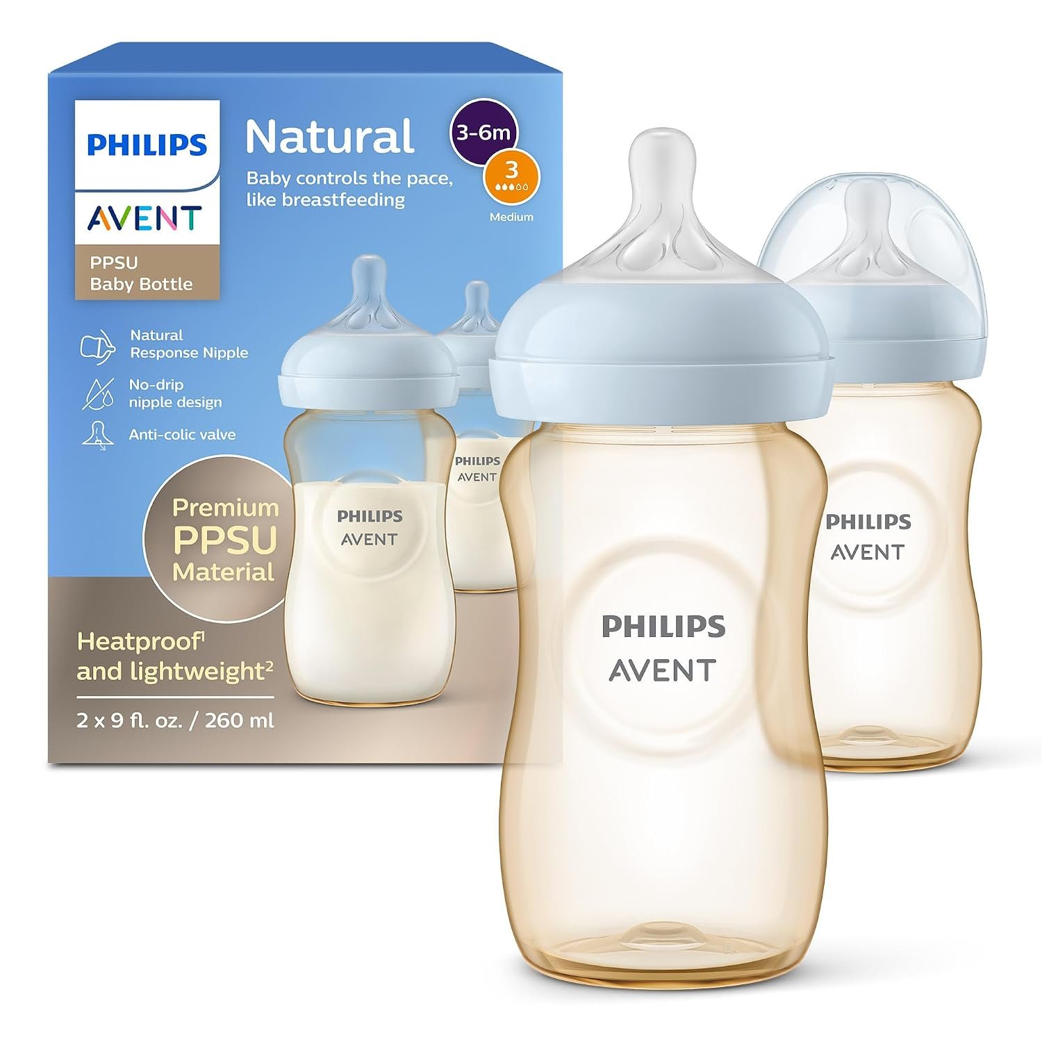 Philips Avent PPSU Natural Baby Bottles – with Medium Flow Nipples (Flow 3), 9oz, 2-Pack, SCY943/12