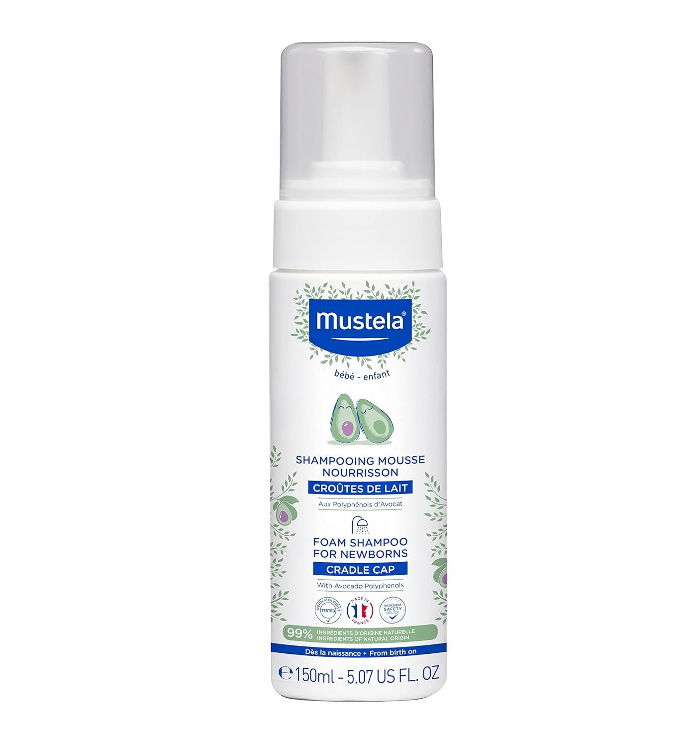 Mustela Foam Shampoo for Newborns – Baby Shampoo for Cradle Cap with Naturally Derived Avocado Oil Polyphenols – Fragrance-Free – 5.07 fl. oz