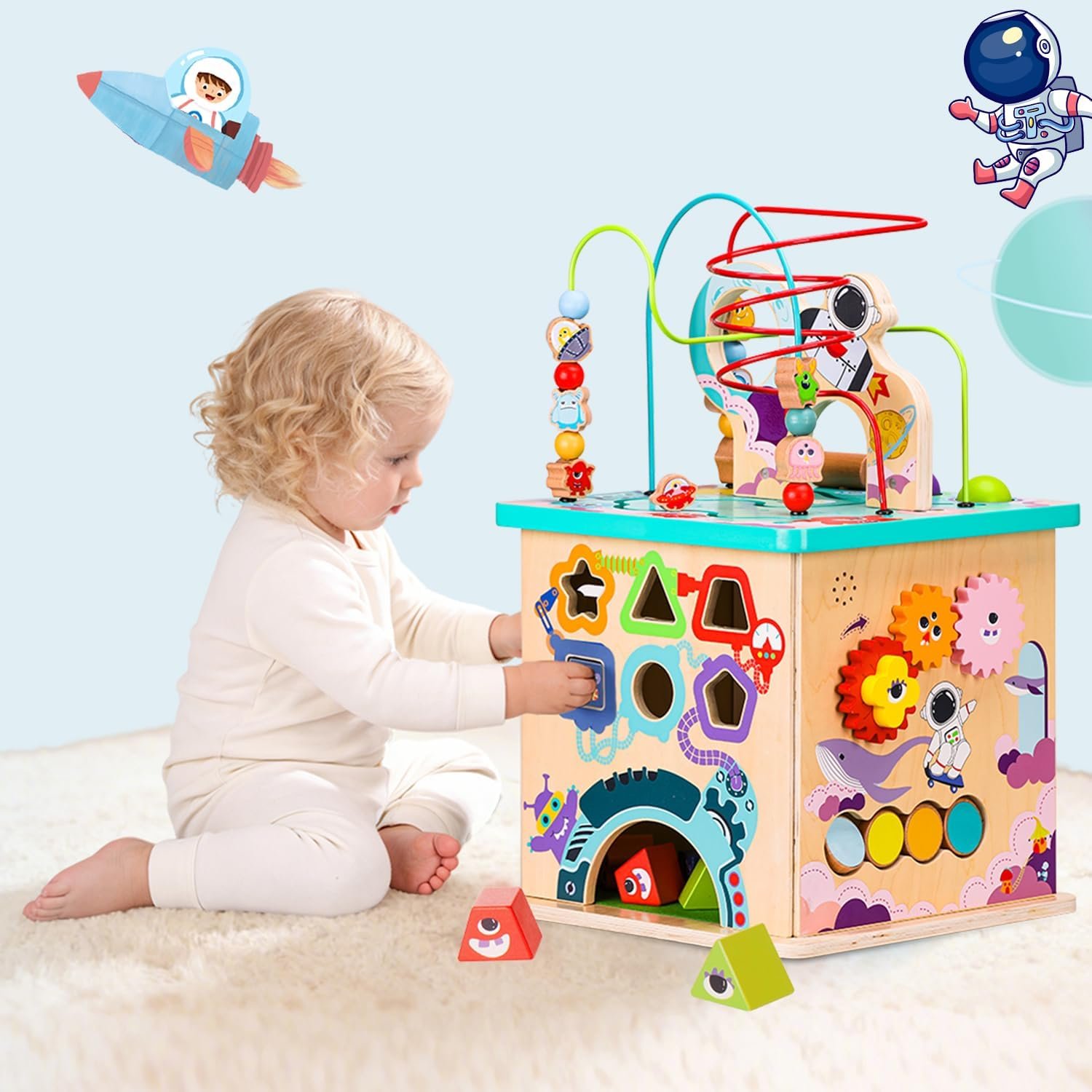 Pre-Assembled 9 in 1 Large Wooden Activity Cube. Educational Learning Toy for Kids with Bead Maze, Shape Sorter and Music Gears and More. for Toddlers 18 M+. Birthday Gifts for Boys and Girls
