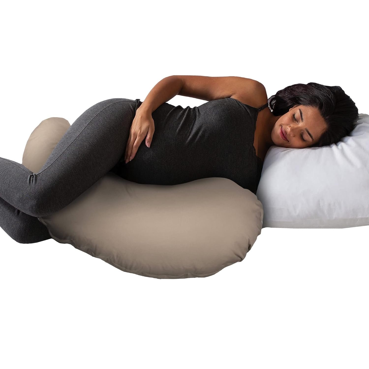 Boppy Cuddle Pregnancy Pillow with Removable Organic Cotton Cover – Compact Ergonomic Maternity Pillow, Versatile Support, Great Side Sleeper Pillow, Washable, with Cooling Rayon Cover – Biscuit