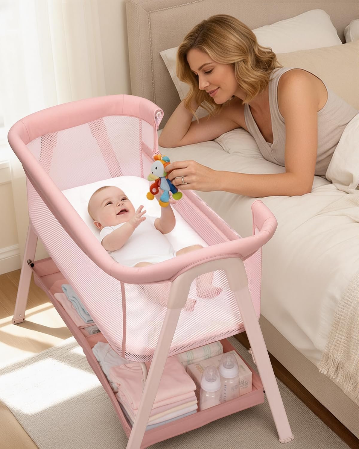 Baby Bassinet, Bedside Bassinet for Baby, Bassinet Bedside Sleeper with Mattress, Storage Basket and 4 Auto-Lock Wheels, Full-Mesh Sides, Bedside Mini Crib for Newborn (Pink)