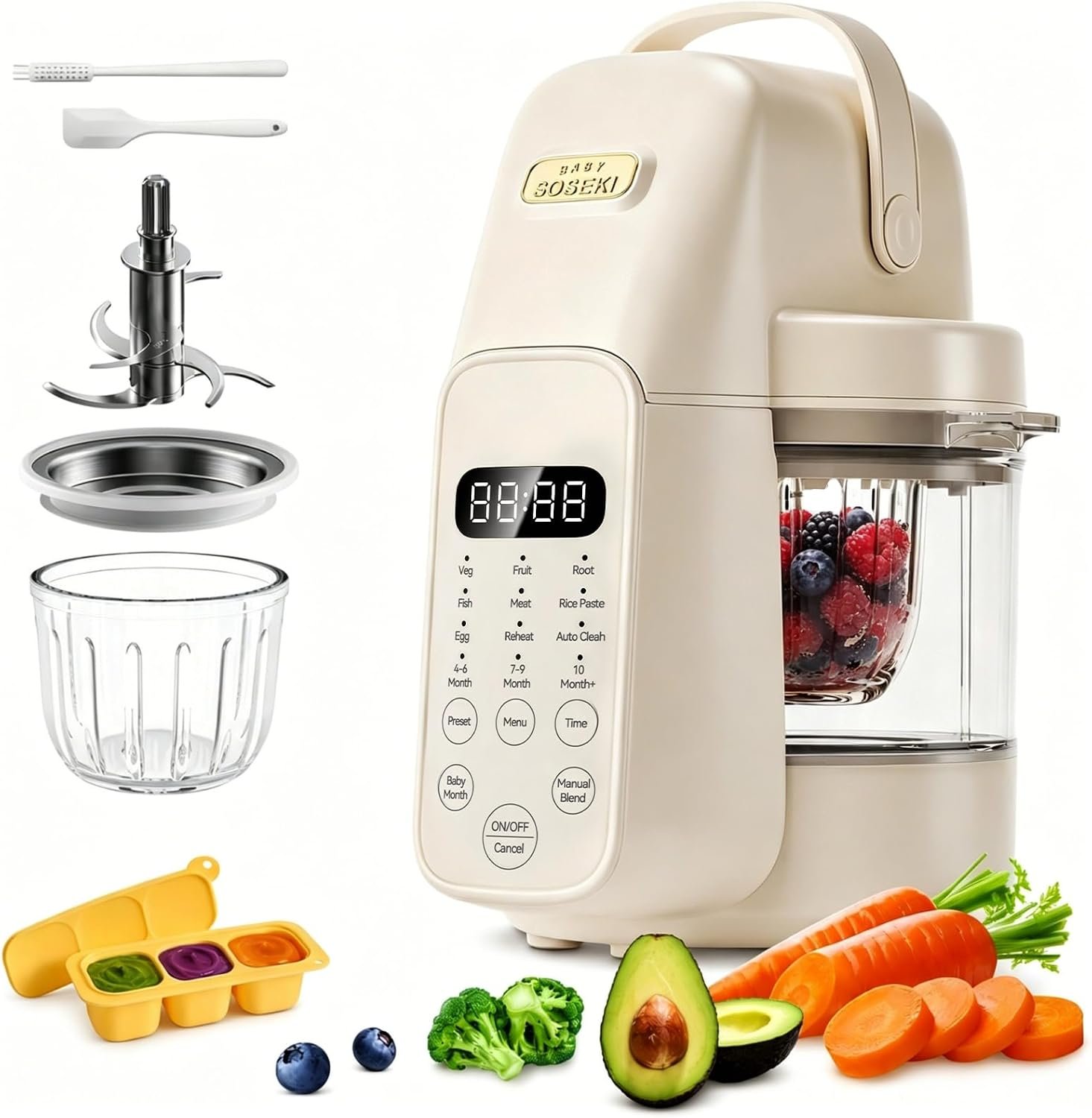 SosekiBaby Tutto Baby Food Maker with Glass Bowl One Step Baby Blender-Food Processor and Steamer Puree Grinder 316L Stainless Steel Blades Auto Cooking & Easy Cleaning-BPA-Free Ivory