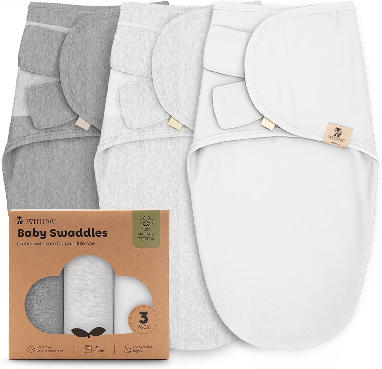 Sweety Fox 3-Pack Organic Baby Swaddles – Swaddles for Newborns, Infant 0-3 Months, Baby Girls, Boys, Soft & Snug Newborn Nursery Swaddling Blankets (Mist)