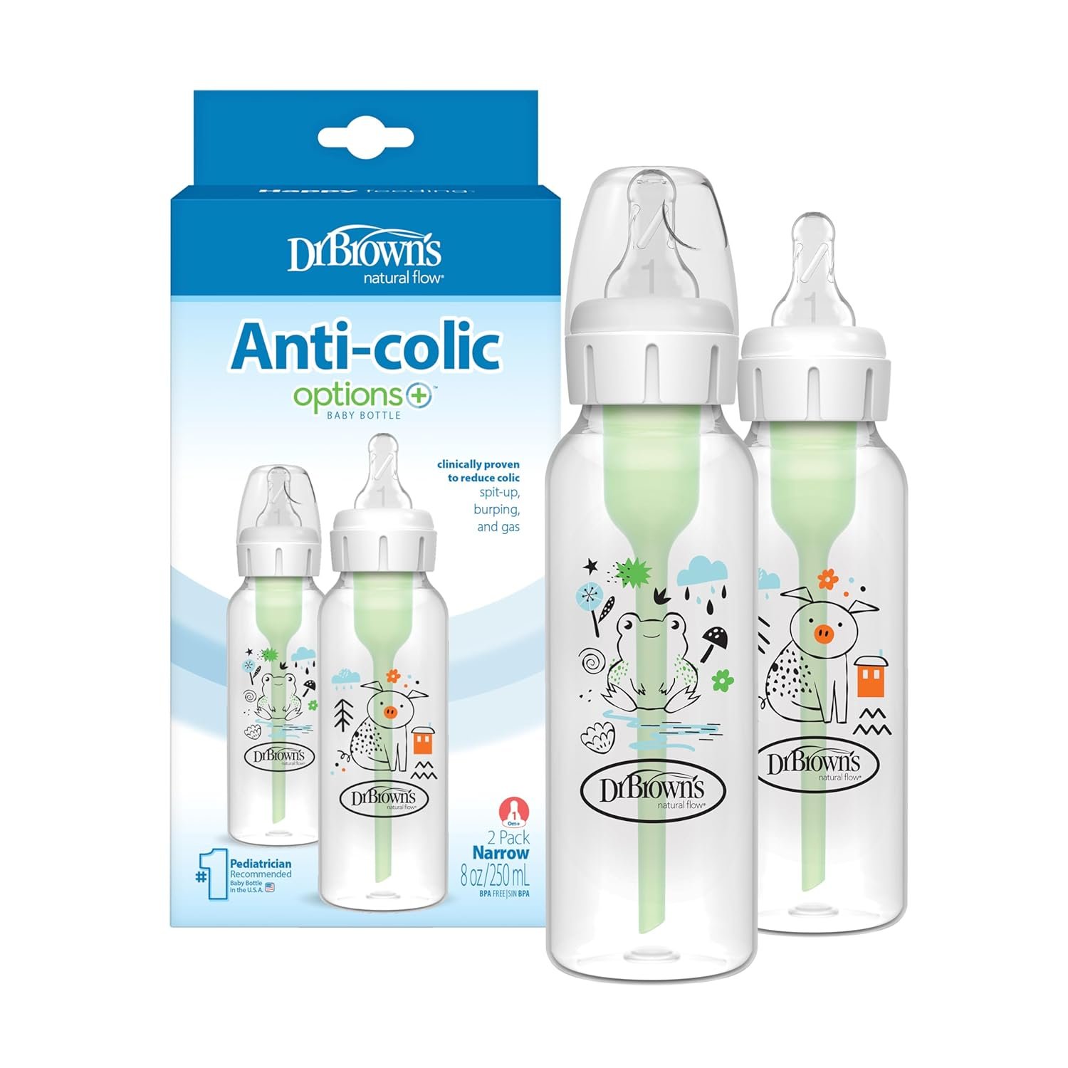 Dr. Brown’s Natural Flow Anti-Colic Options+ Narrow Baby Bottle, Frog and Pig, 8 oz/250 mL, with Level 1 Slow Flow Nipple, BPA-Free, 0m+, 2-Pack