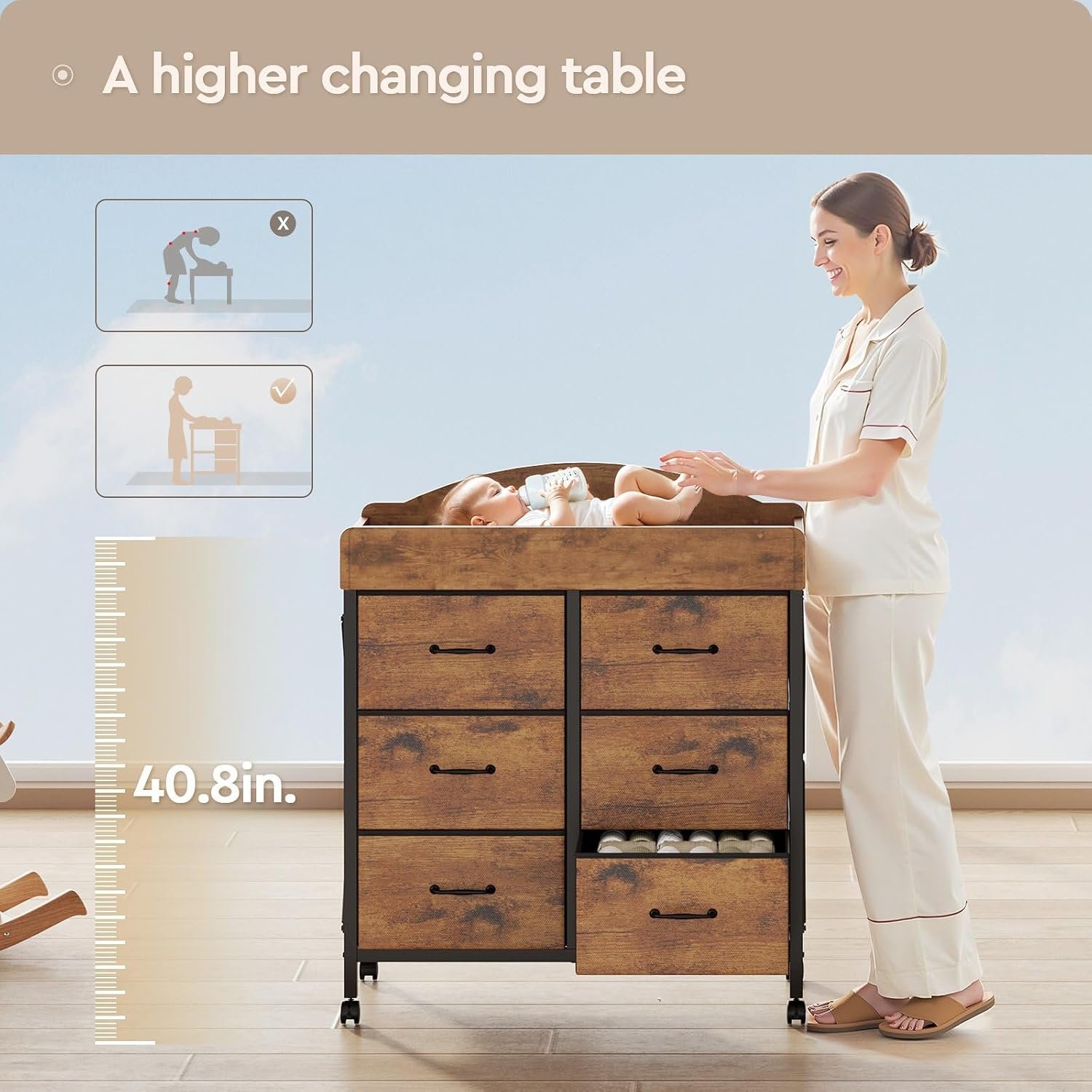 Yetom Baby Changing Table Dresser with Wheels, 6-Fabric Drawer Baby Dresser with Changing Table Top, Waterproof Diaper Changing Station & Pad, Mobile Storage Unit, Baby Furniture, Rustic Brown