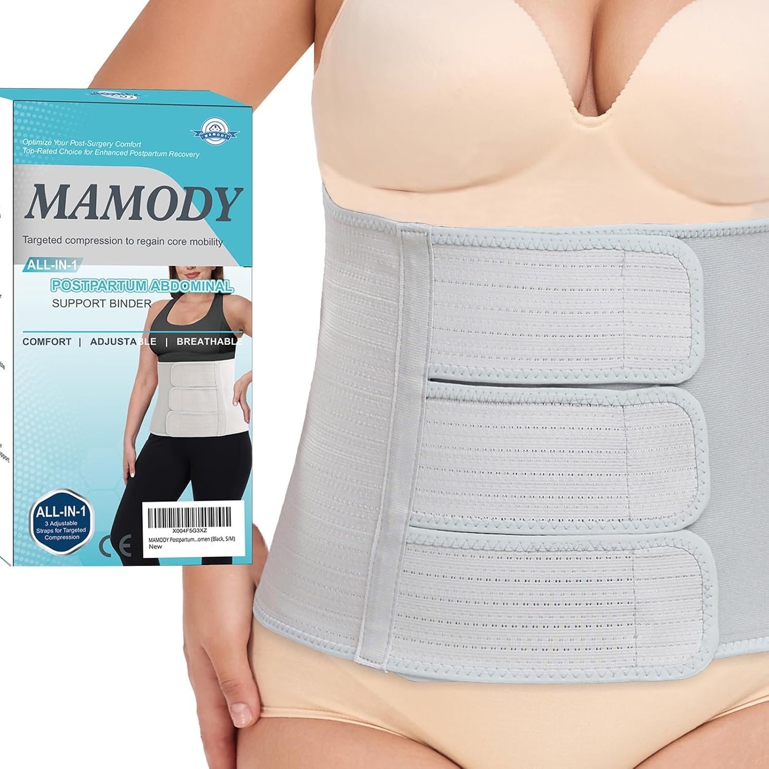 MAMODY Postpartum Belly Band abdominal Binder for Natural Delivery & C-Section, Adjustable Compression Wrap, Abdominal Support Belt (Gray, S/M)