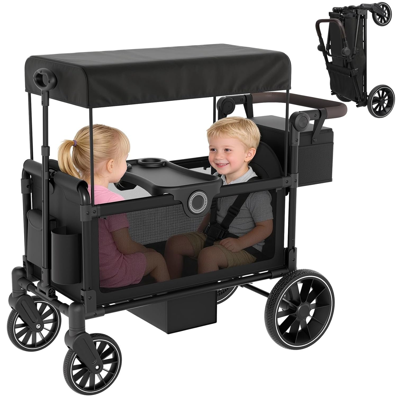 BIERUM Stroller Wagon for 2 Kids with Side Entry & 5-Point Safety, 5-in-1 Multi-Mode All-Terrain Foldable Cart with Adjustable Push/Pull Handle, Removable Canopy & Organizer for Beach, Camping, Black
