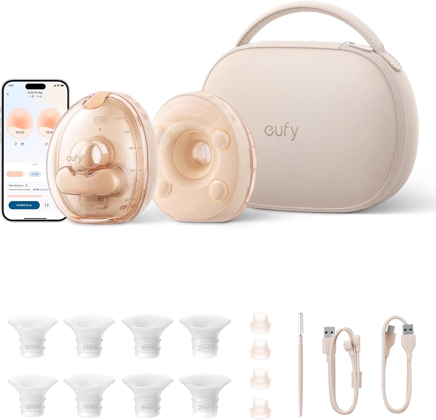 eufy Security Heated Massage Wearable Breast Pump S2 Pro, HeatFlow, Double-Sealed Flange, Nipple Light, DIY Rhythm, Full Milk & Leak Alert, Wireless Charging Case, 7-Day Battery, App Control