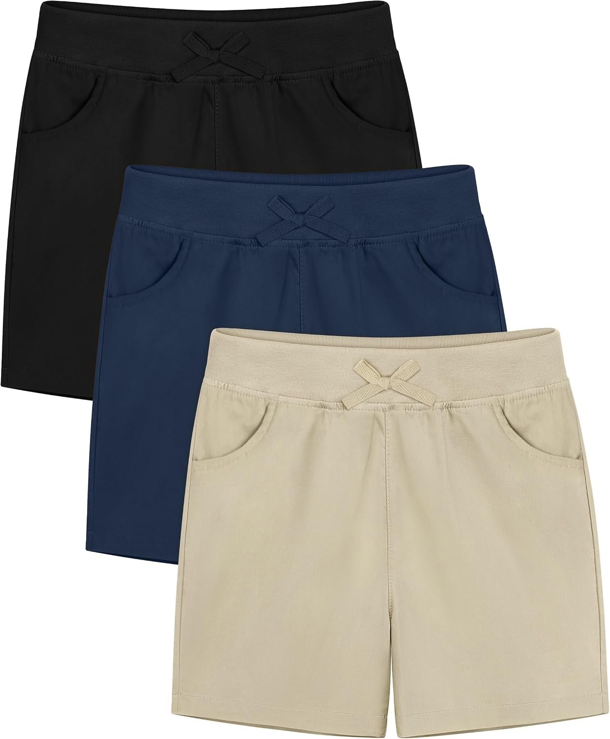 Resinta 3 Pack Girls School Uniform Bermuda Shorts Pull-on Chino Elastic Waist Summer Soft Play Shorts with Pockets 5-13Y