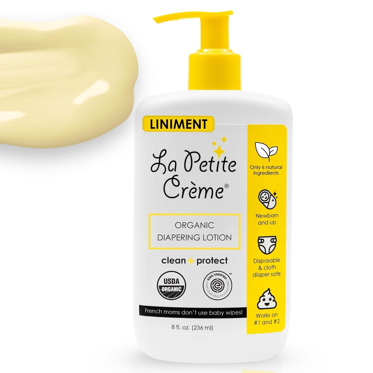 La Petite Creme French Premium Liniment Baby Lotion – Diaper Cream Alternative to Wet Wipes – Gentle Moisturizer & Skin Cleanser, USDA Certified Organic Ingredients – Newborn Essentials (8 oz)