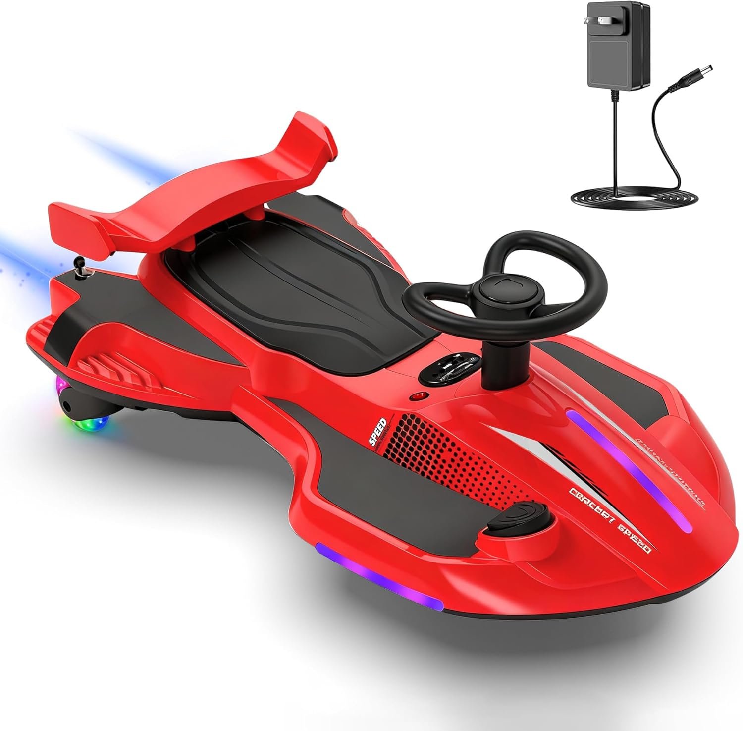 12V Electric Wiggle Car with Pedal for Kids, Rechargeable 2 in 1 Swing Toy, Devil Drifting Car with Backrests, Anti-Rollover, Spray, Light, Bluetooth, Maximum Speed up to 4 mph, for Ages 3 and Up