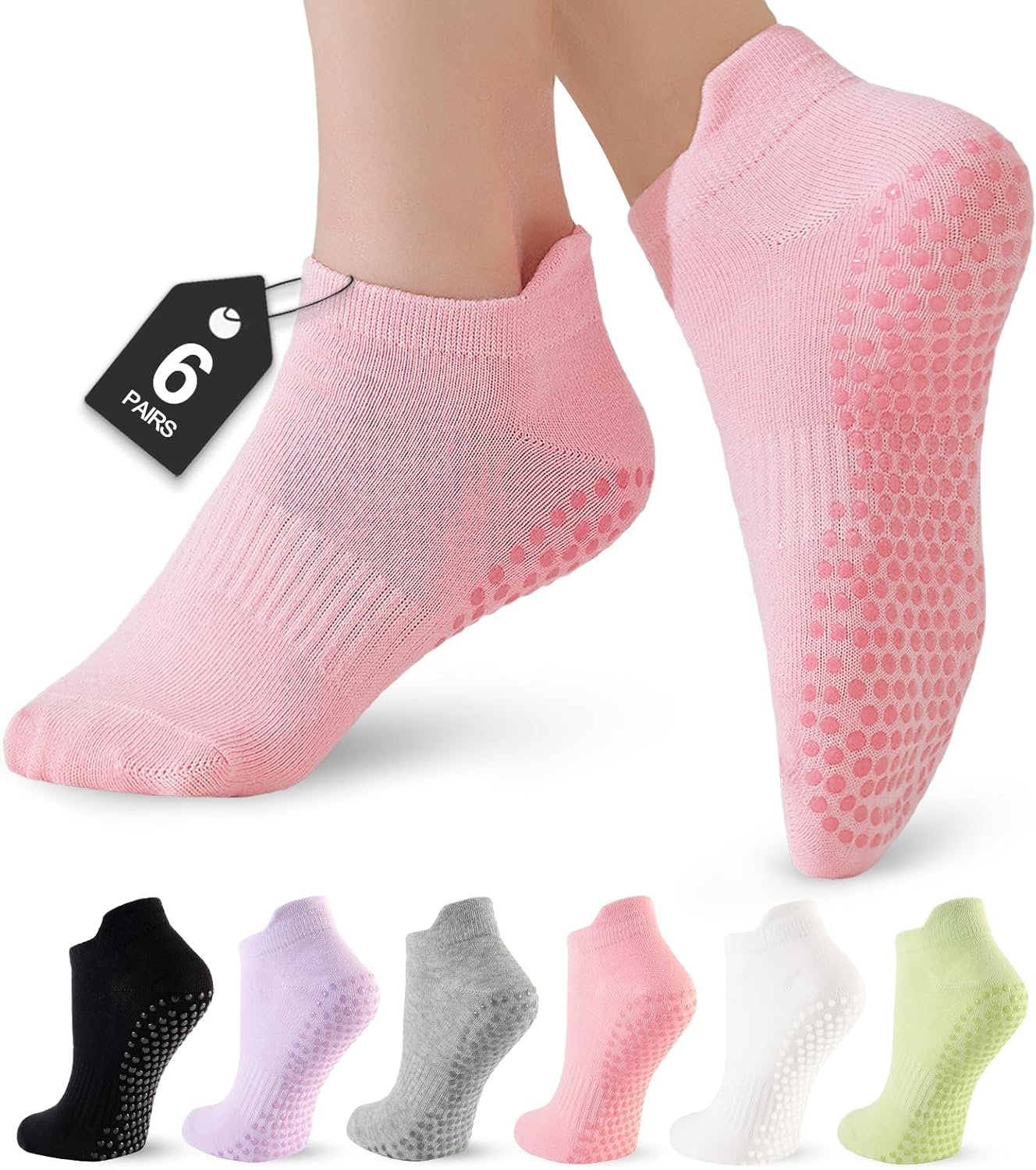 6 Pairs Pilates Socks for Women, Grip Yoga Crew Socks, Non Slip Grippy for Barre, Ballet, Dance & Hospital